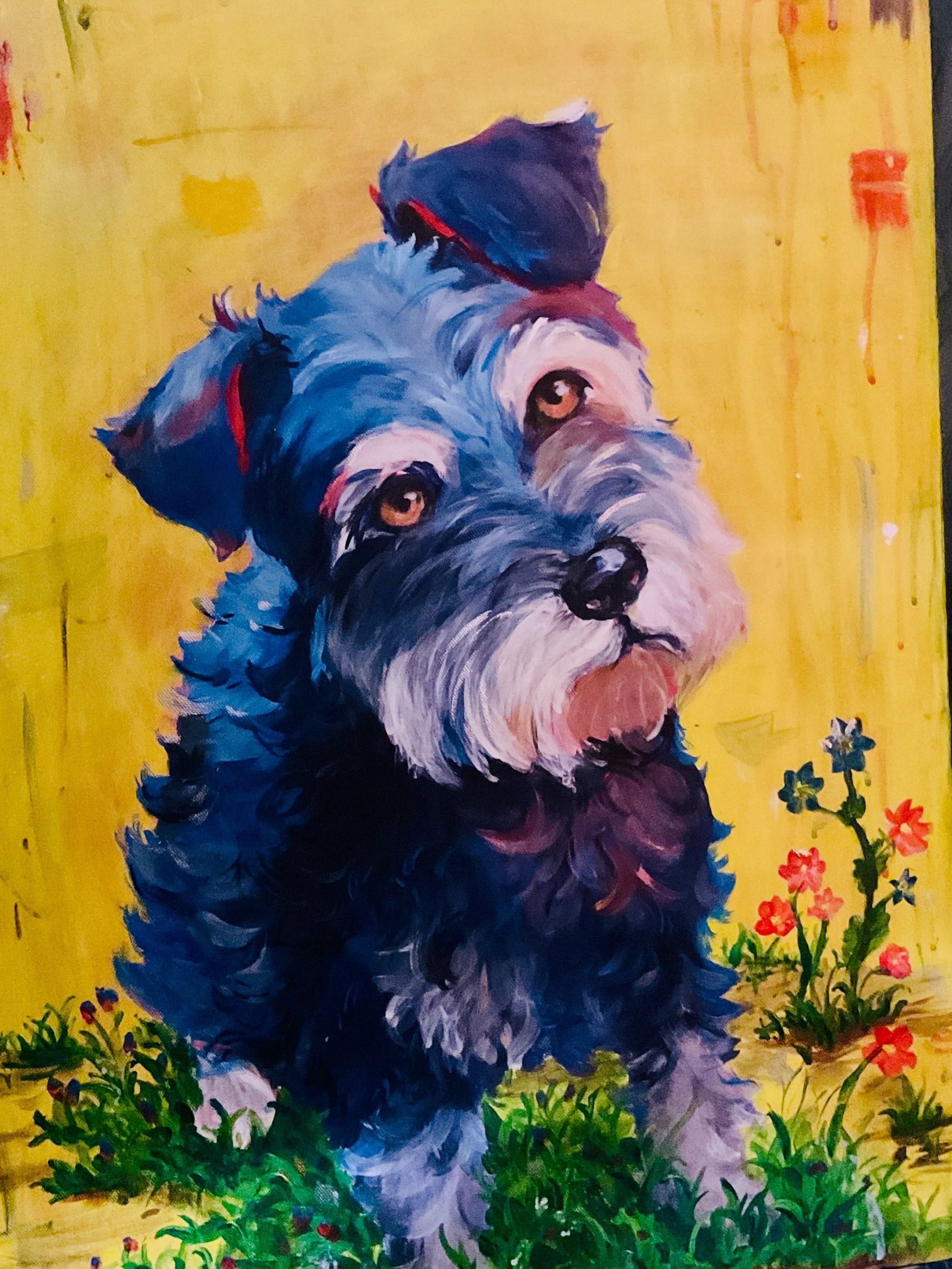 Max by Nicole Marneweck, painting of a textured fur dog with colorful accents