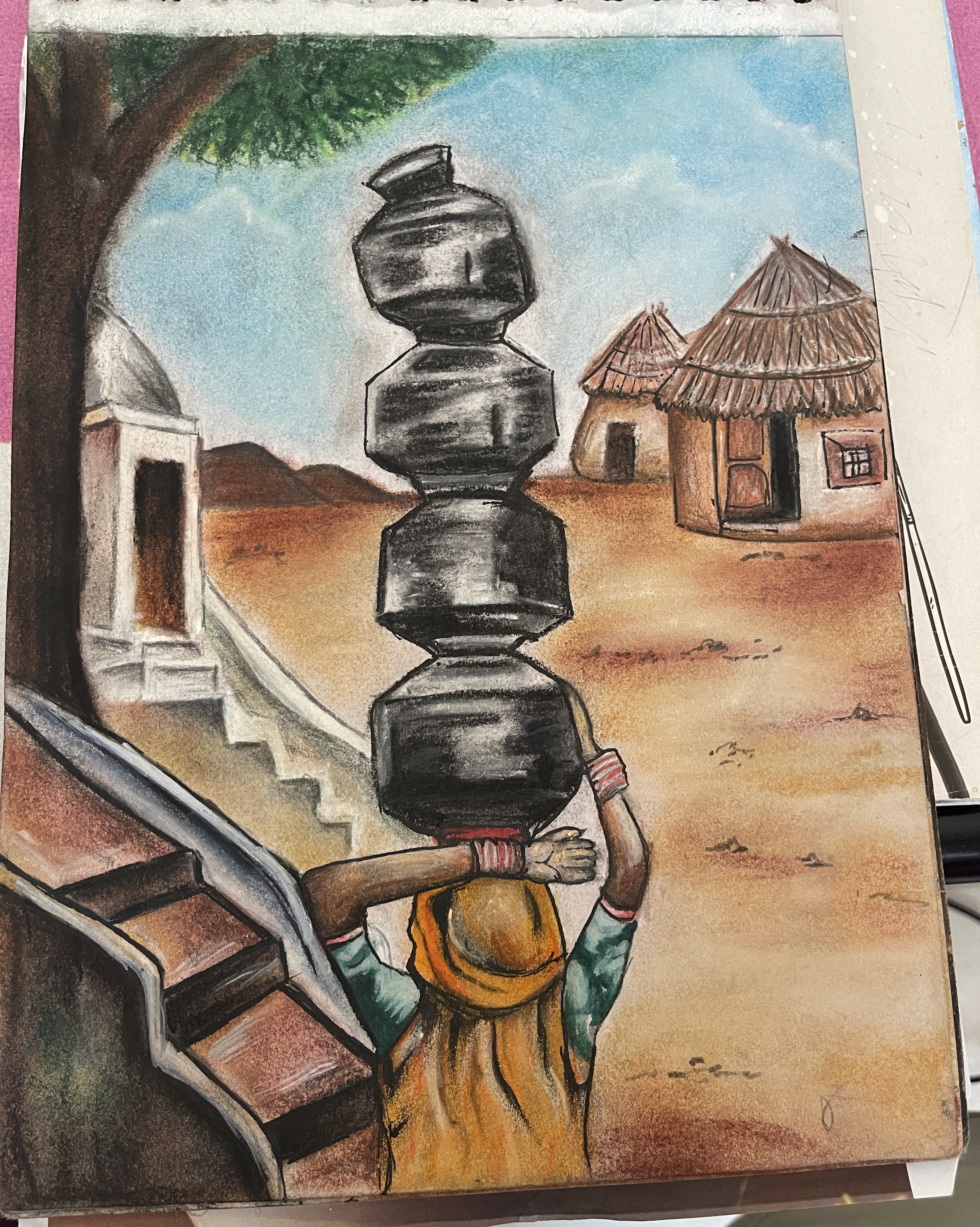 Village life by Keshvi padhiyar, woman with pots on head