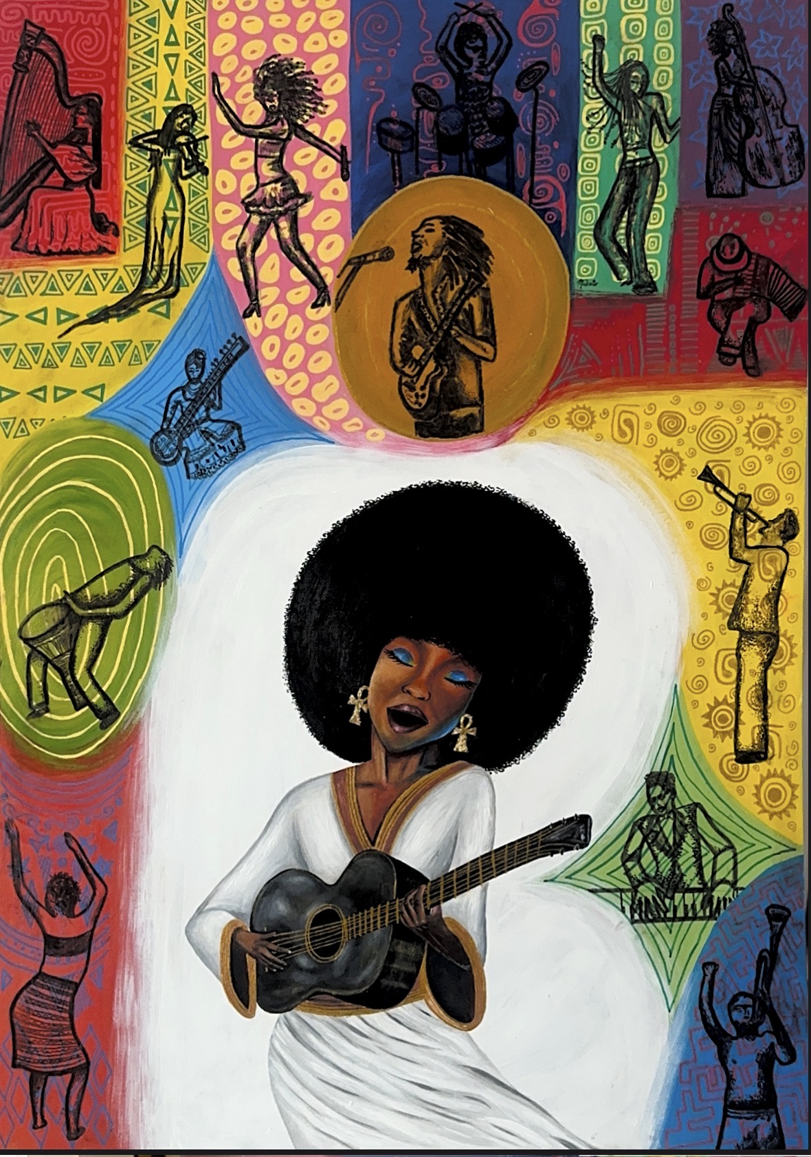 Rhythm by Joëlle Nuulimba, woman with afro playing guitar
