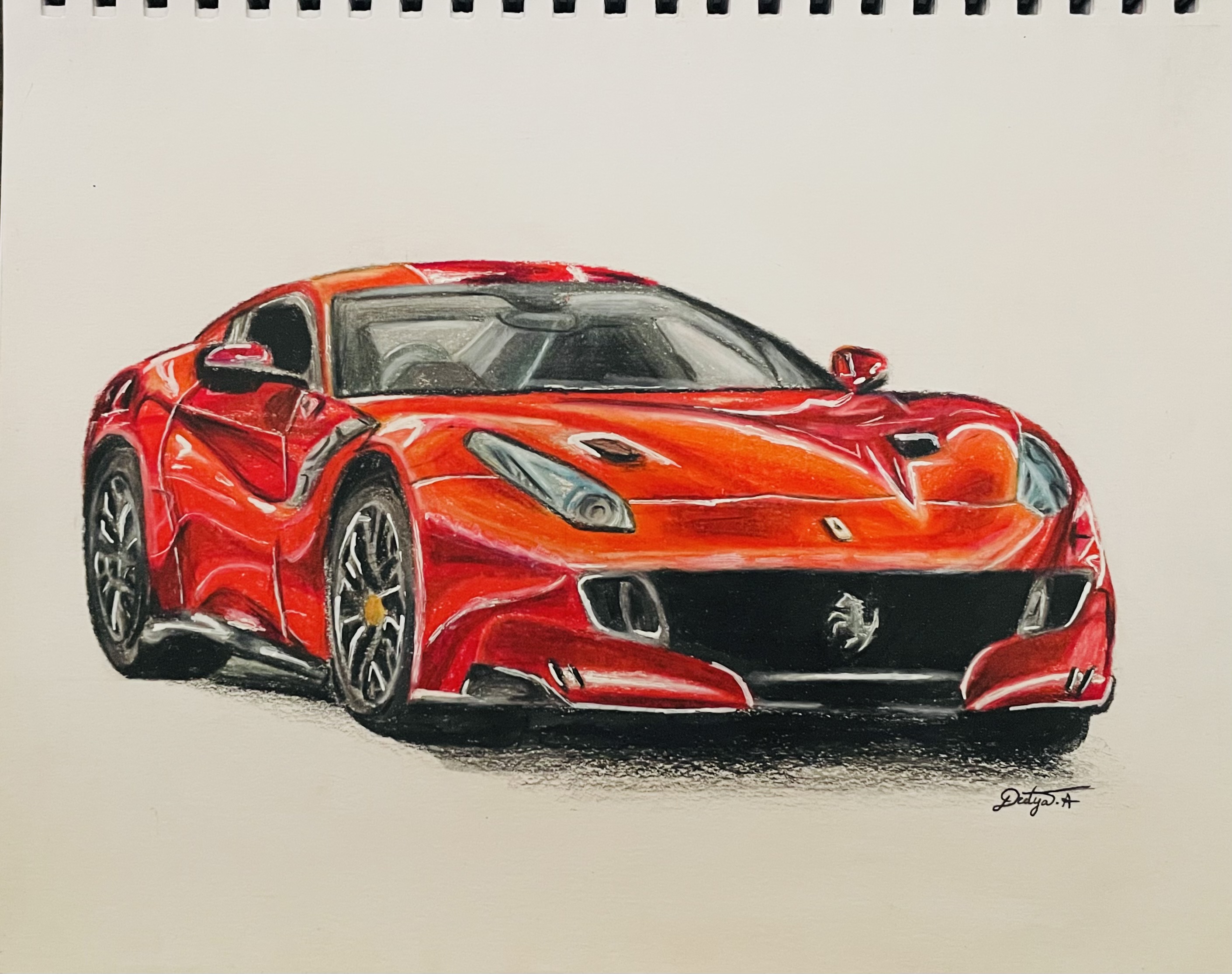 Ferrari Car (Pencil Coloured Artworks ) by Deetya Amuluru, realistic Ferrari car in red