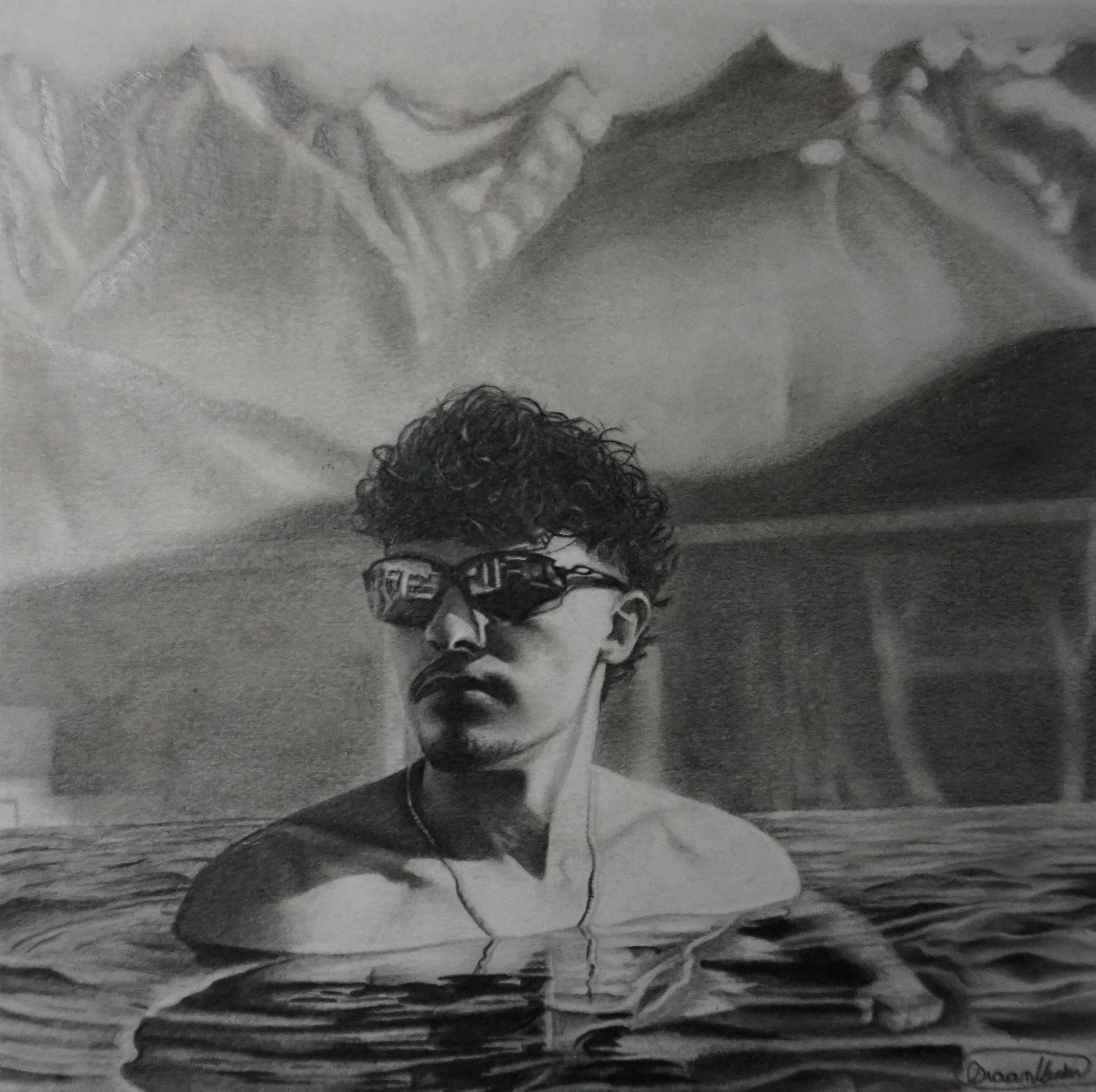 Between Stillness by Diaan Venter - hyper-realistic drawing of man in water
