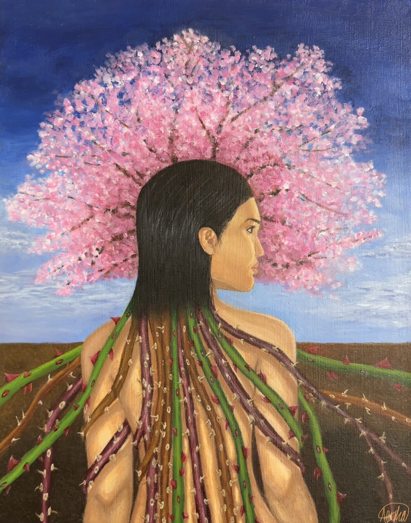 A Perpetual Dichotomy by Alisha Joseph, depicting a woman with cherry blossom hair against a deep blue sky