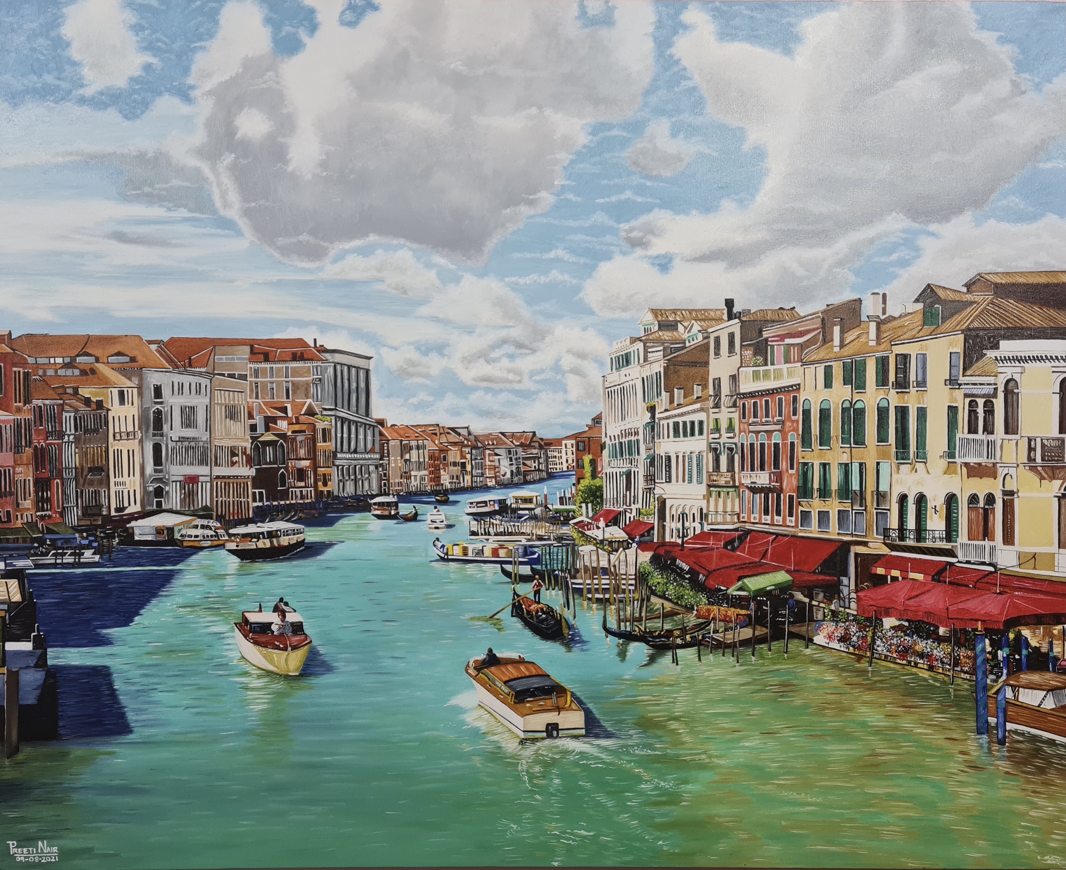 Venice Reflections Oil Painting on Canvas by Preeti Rajeev Nair, featuring vibrant Venetian canal scene