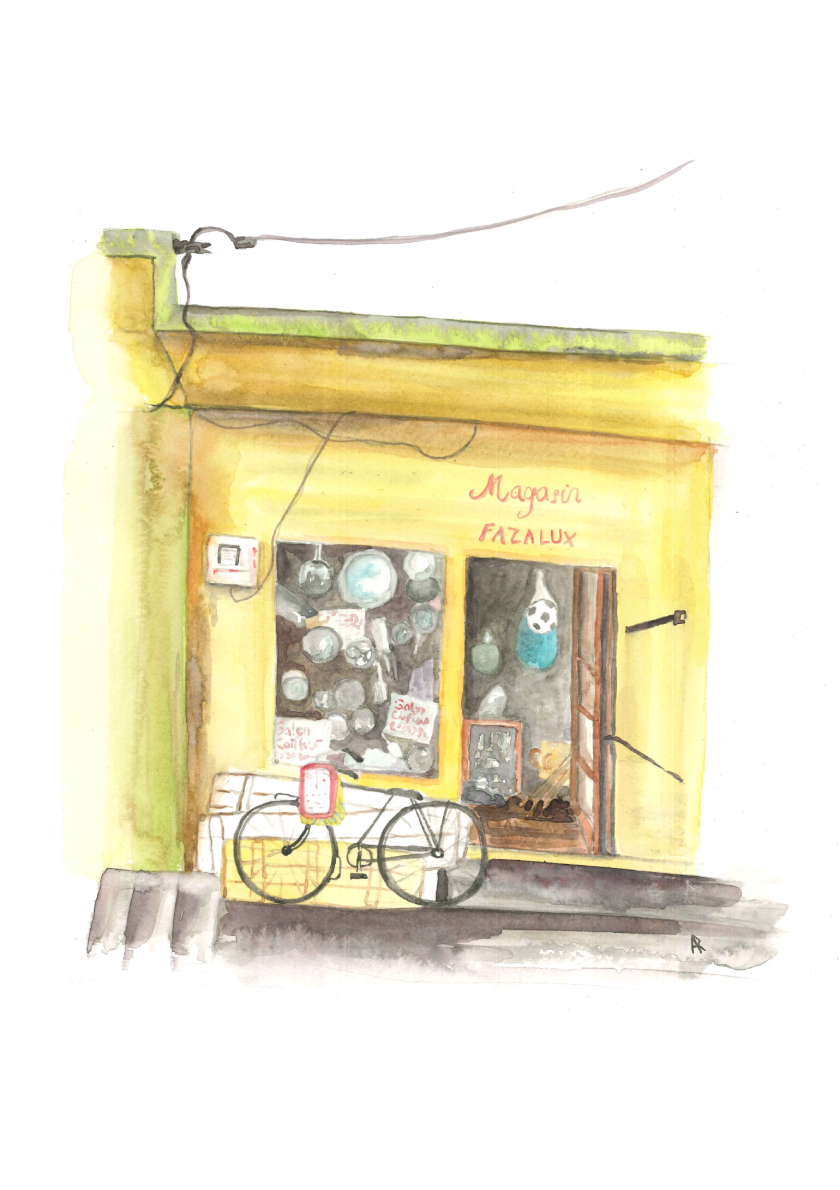 Fazalux Magasin by Ajna Ram, depicting a quaint corner shop with warm colors