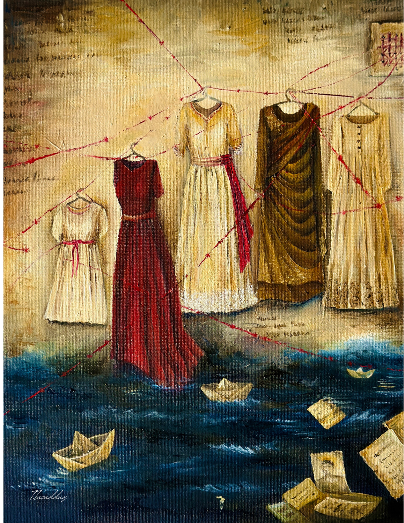 Worn Identities by Tehmina Tasadduq - empty garments and red threads