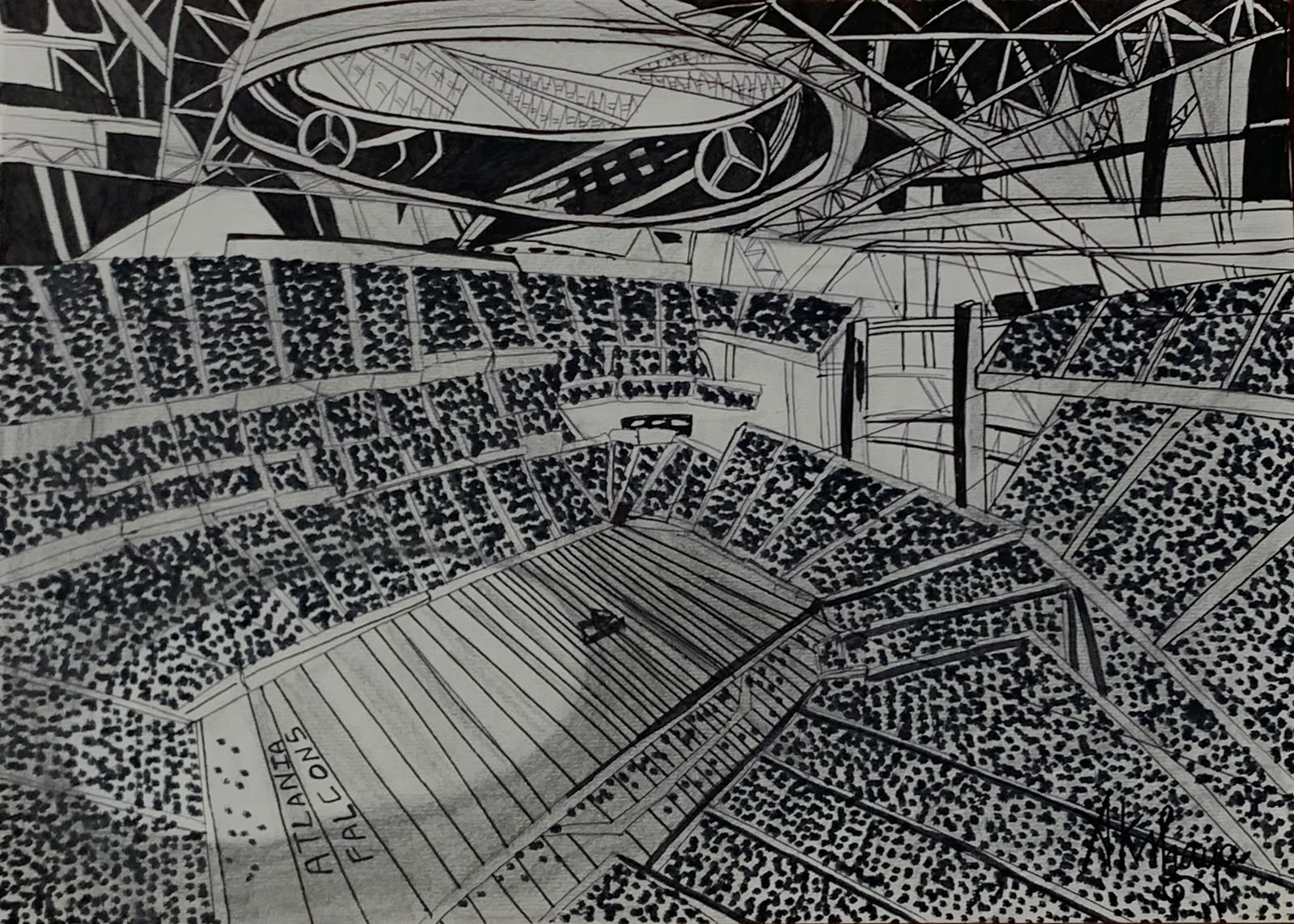 Inside the Arena by Akshaya Sasikumar, monochrome stadium interior illustration