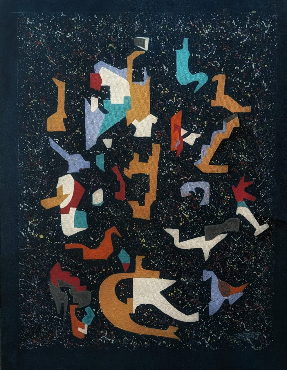 Acrylic on Canvas by Arun Mourya, abstract shapes on speckled background