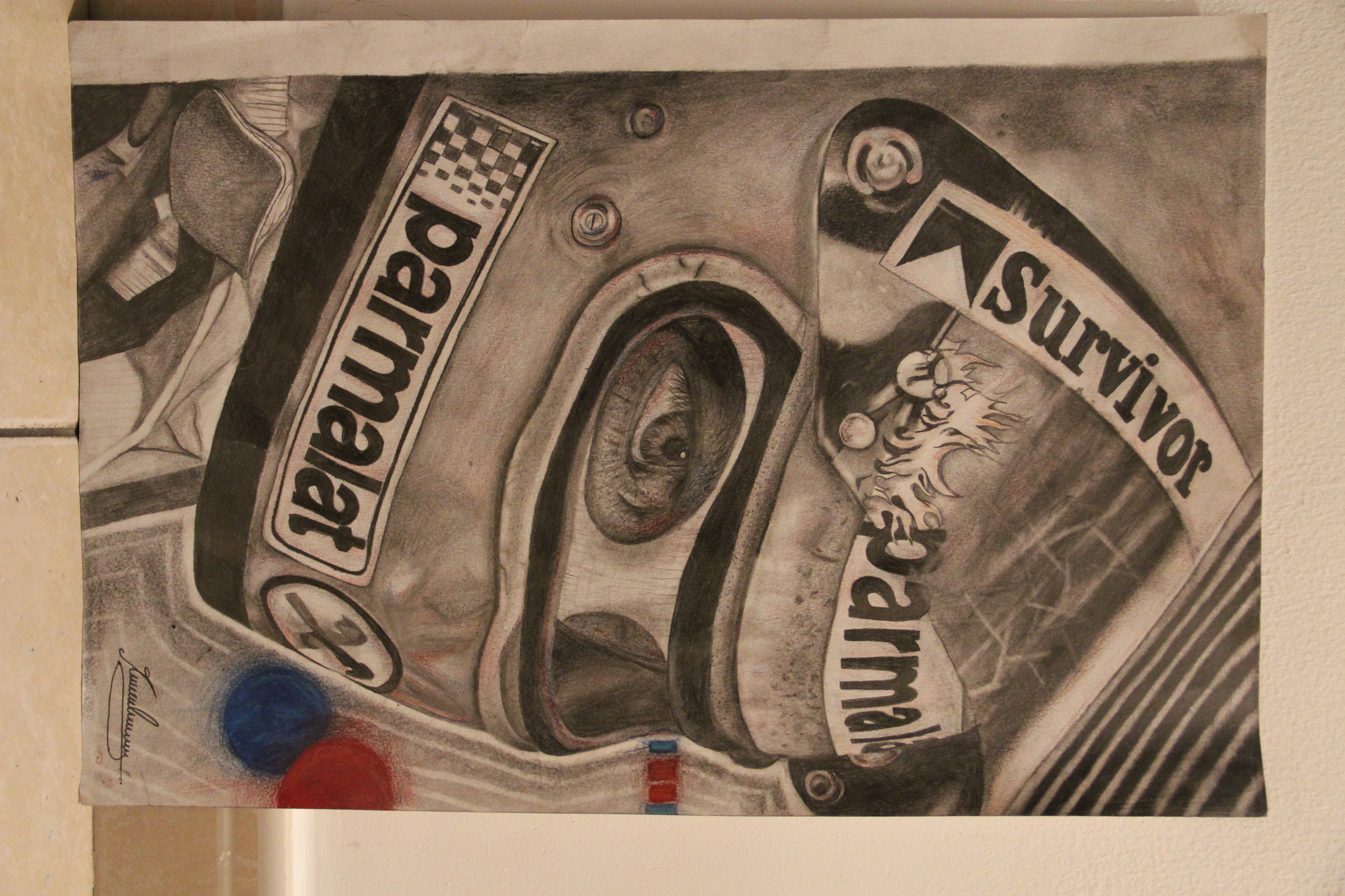 Driven by Maha Eldamanhoury, graphite drawing of a racing helmet with focused eye
