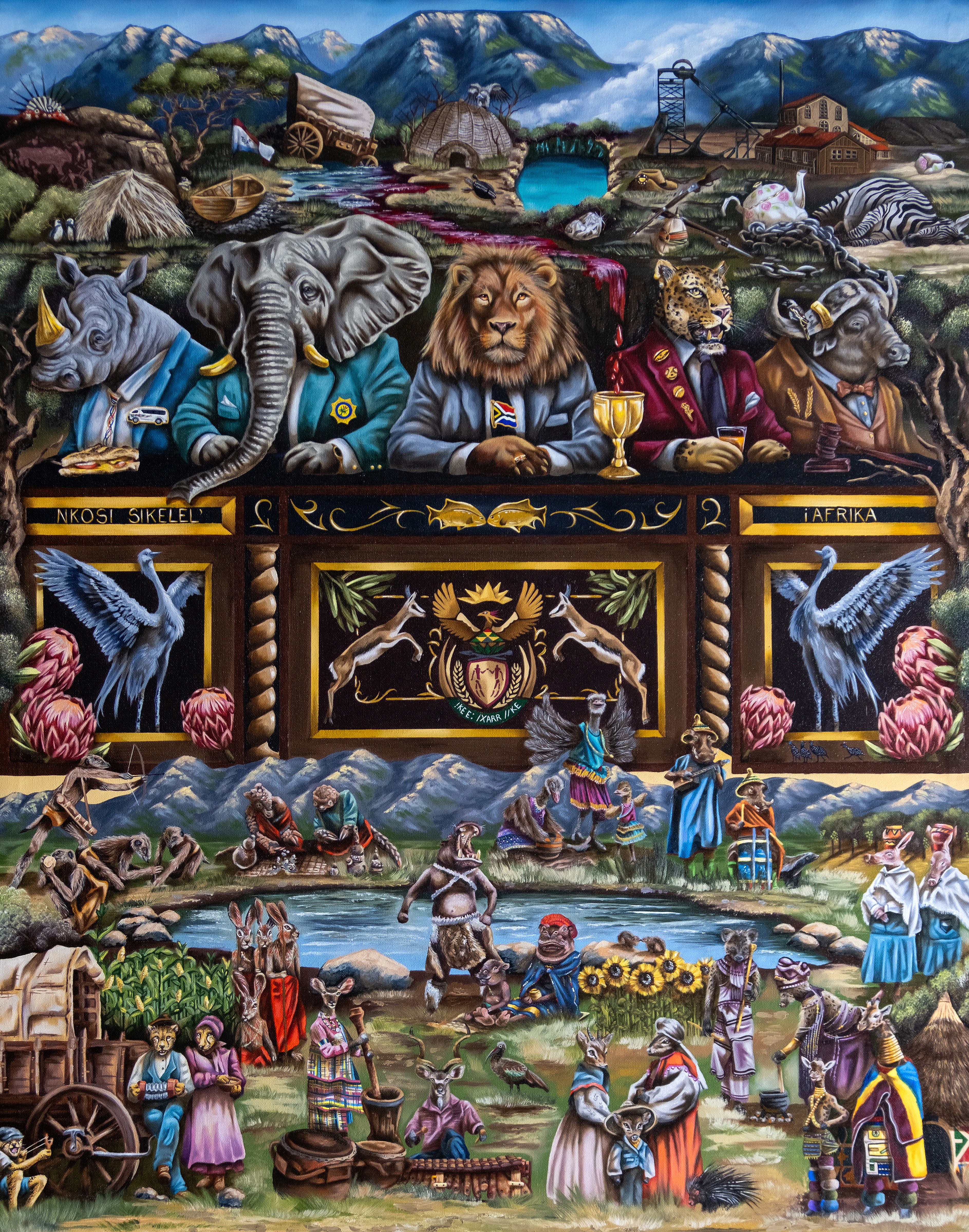 Nkosi Sikelel' iAfrika by Tiffany Baxter, vibrant anthropomorphic animals