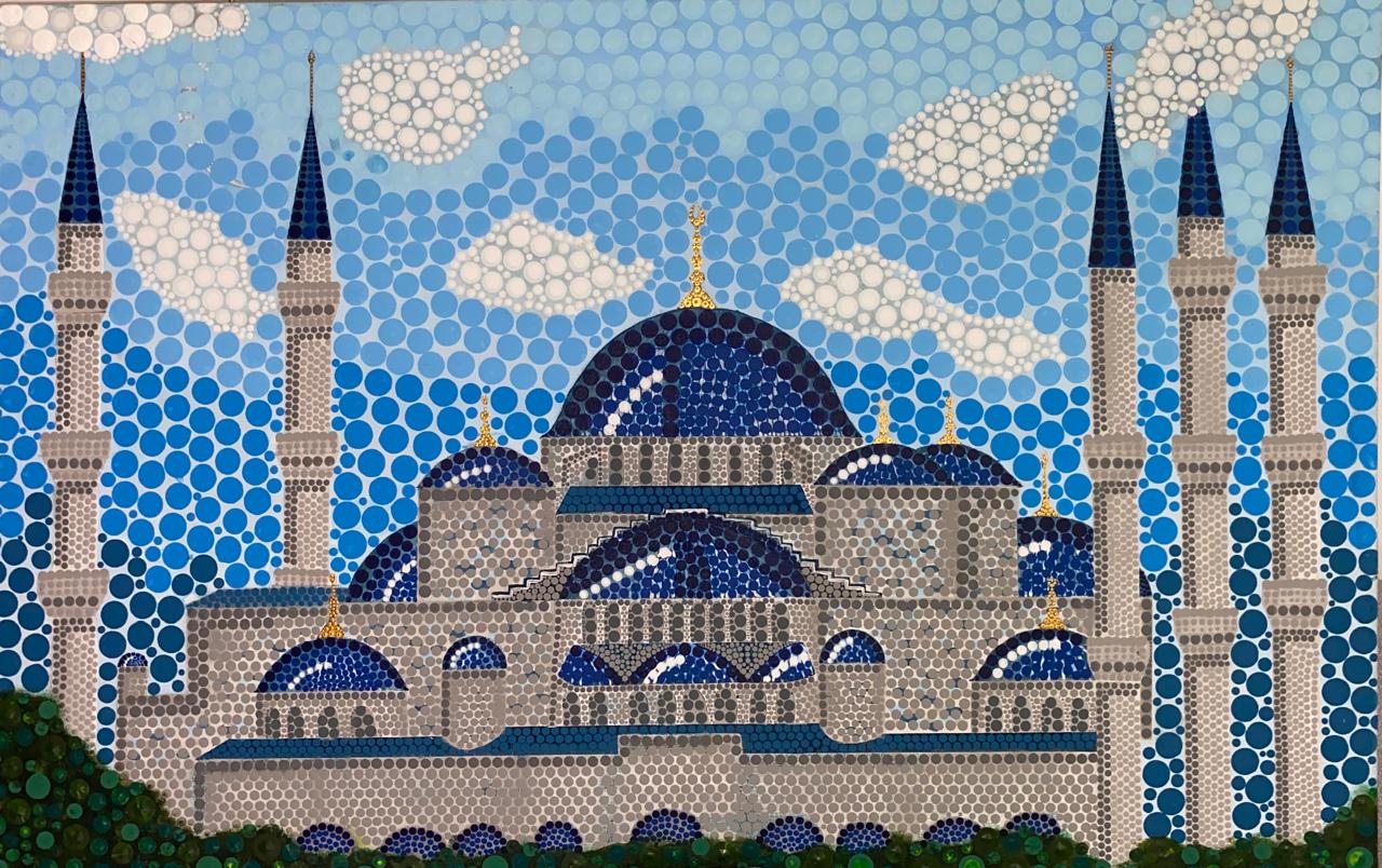 Diyaa Al-Azraq - The Blue Radiance by Sarah Parvez Ahmed Peshimam, a mosque with luminous domes and minarets against a blue sky