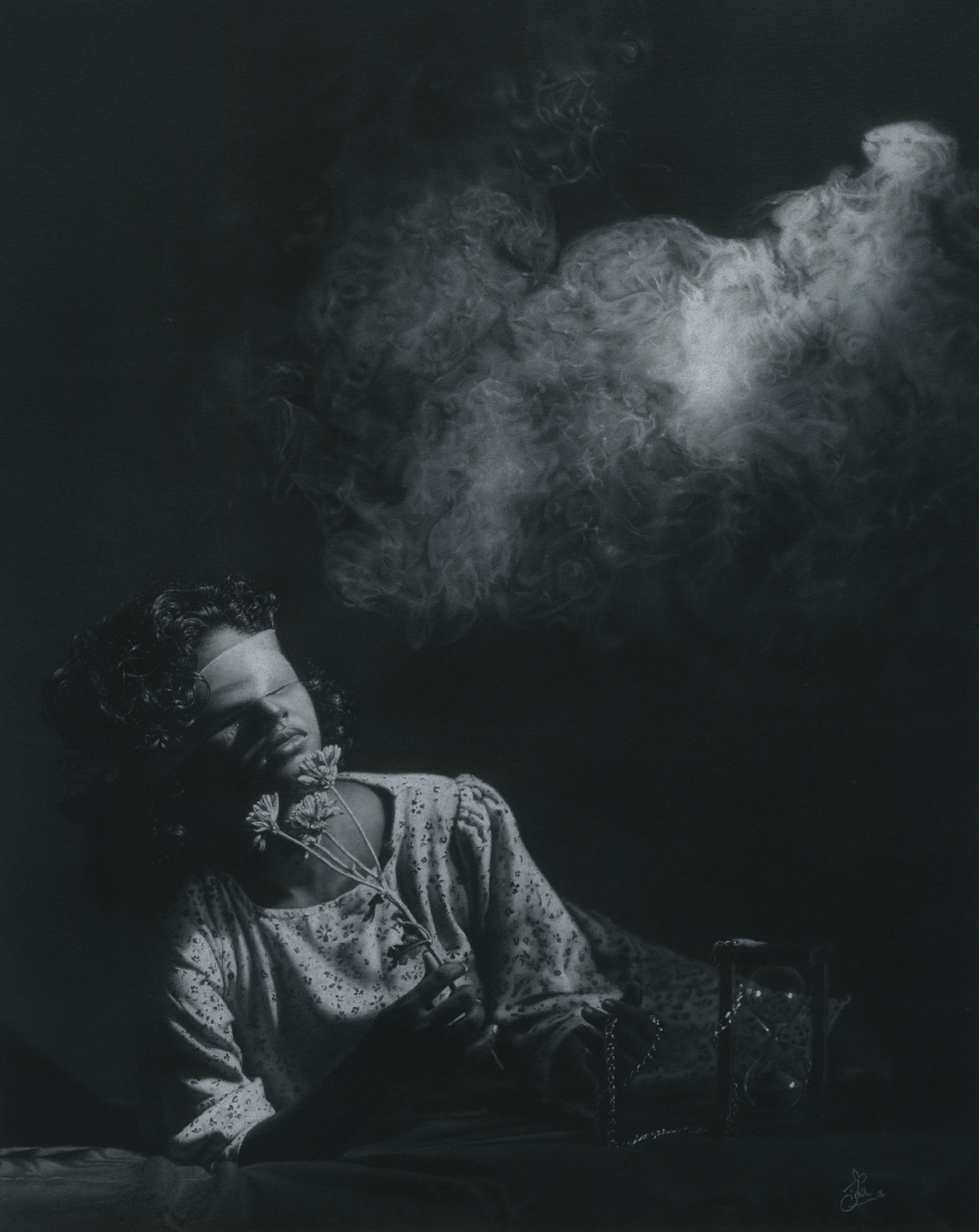 Oblivious by M. G. Jinadari Kaushalya Bandara, figure with blindfold and flower, hourglass, mist