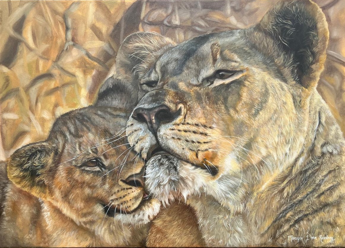 Cub's Affection by Monique Jansen van Rensburg, a lion cub affectionately interacting with its mother in a savanna setting