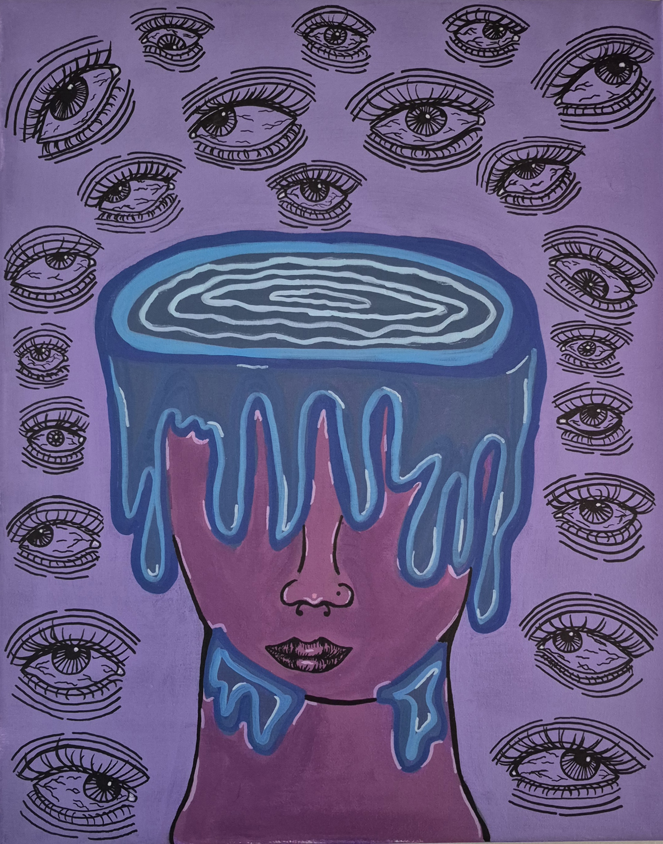 Anxiety turns into paranoia by Lucy Skoulidis, a deep magenta head overflowing with blue rings on a lavender background