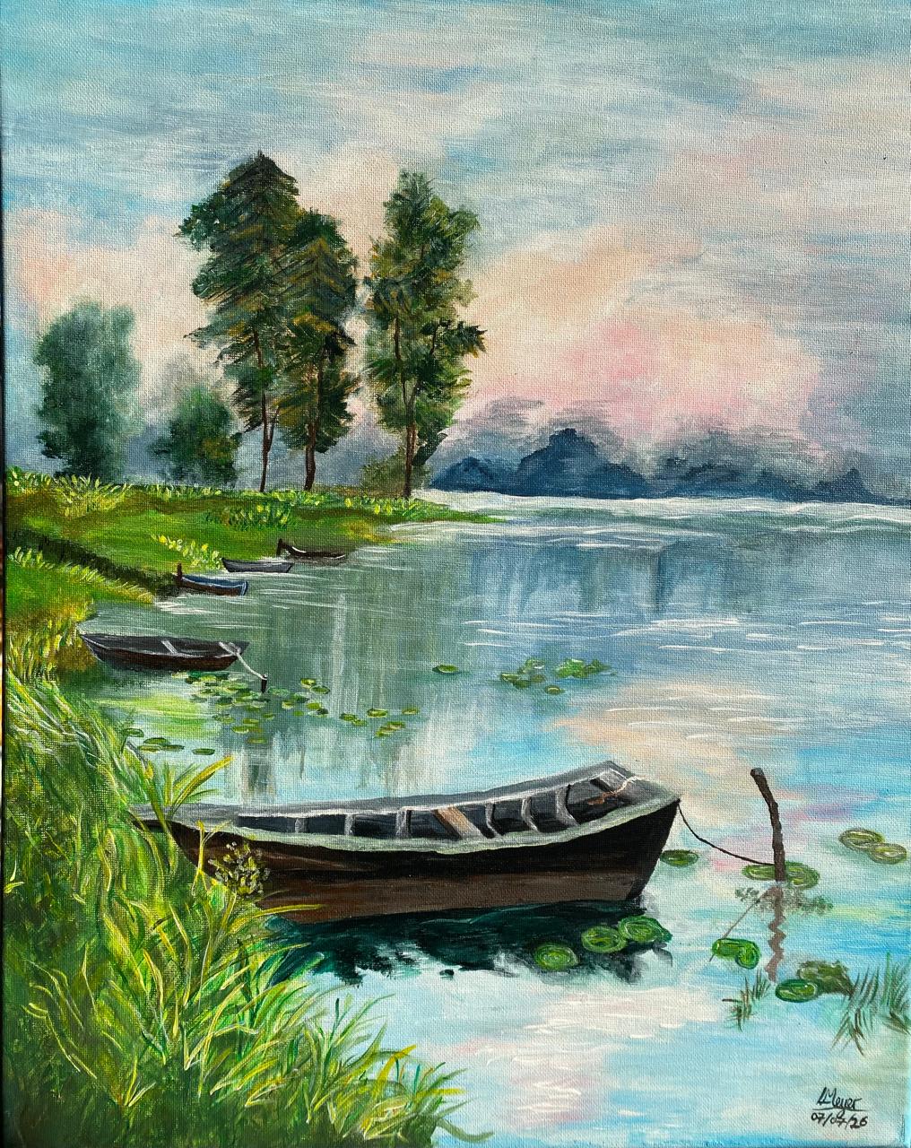 Harmony Lake by Lisa-leè Meyer portrays a serene lakeside scene with boats and pastel hues.