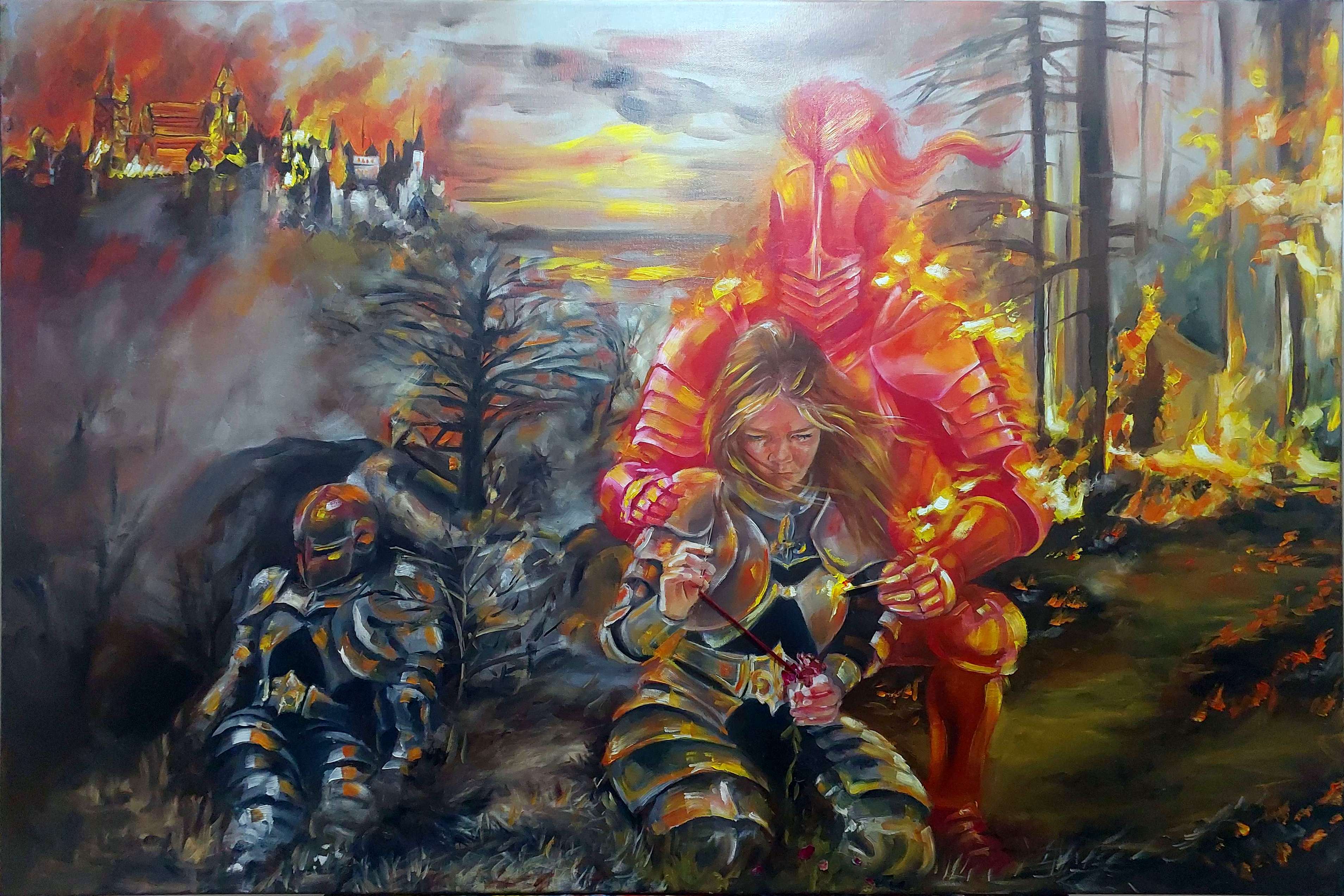 Through Rose Coloured Glasses by Nikita Kask, a scene with two knights and a rose