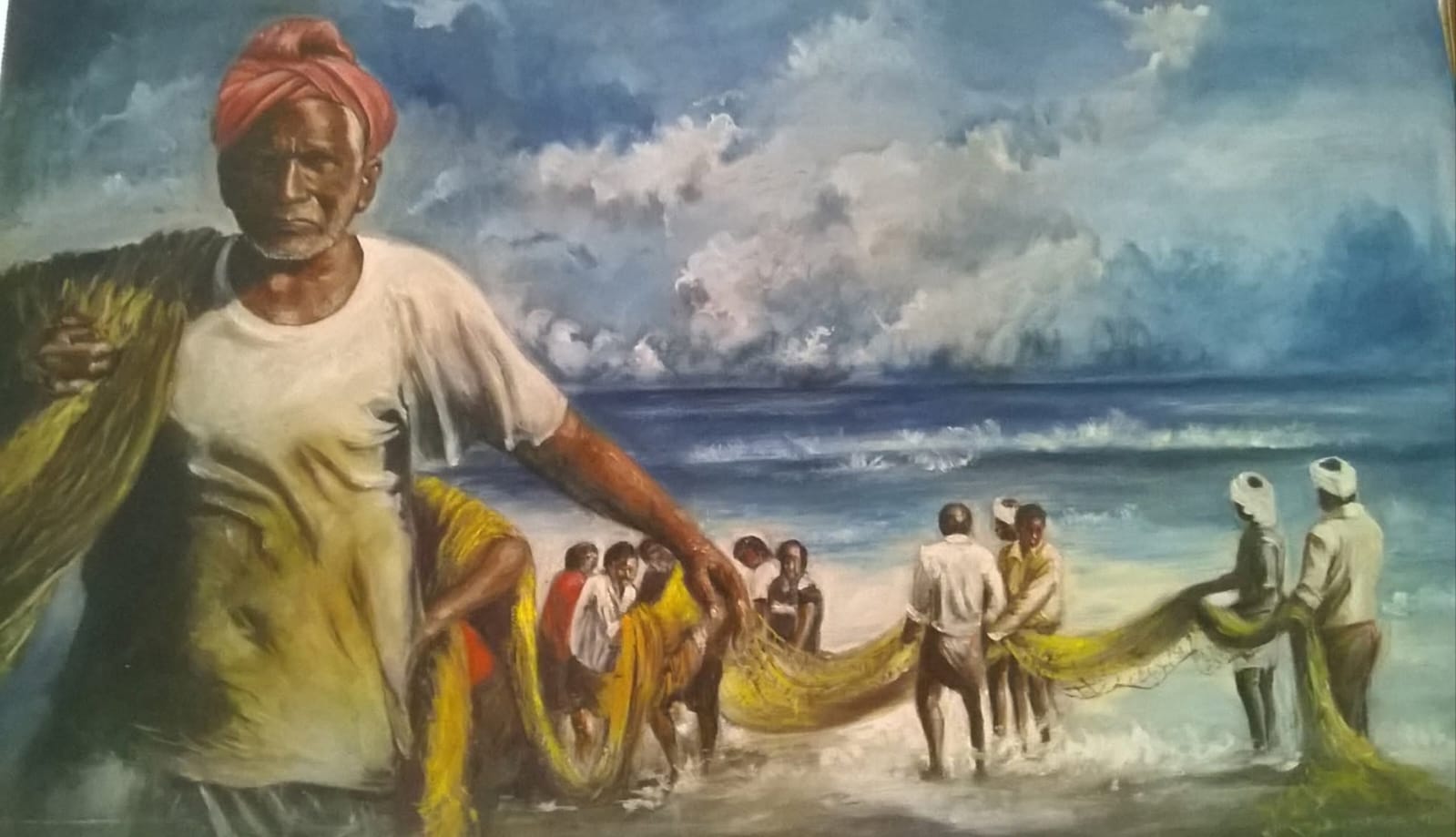 36"x24" Oil on Canves by Vikum Sooriyaarachchi, coastal scene with fishermen