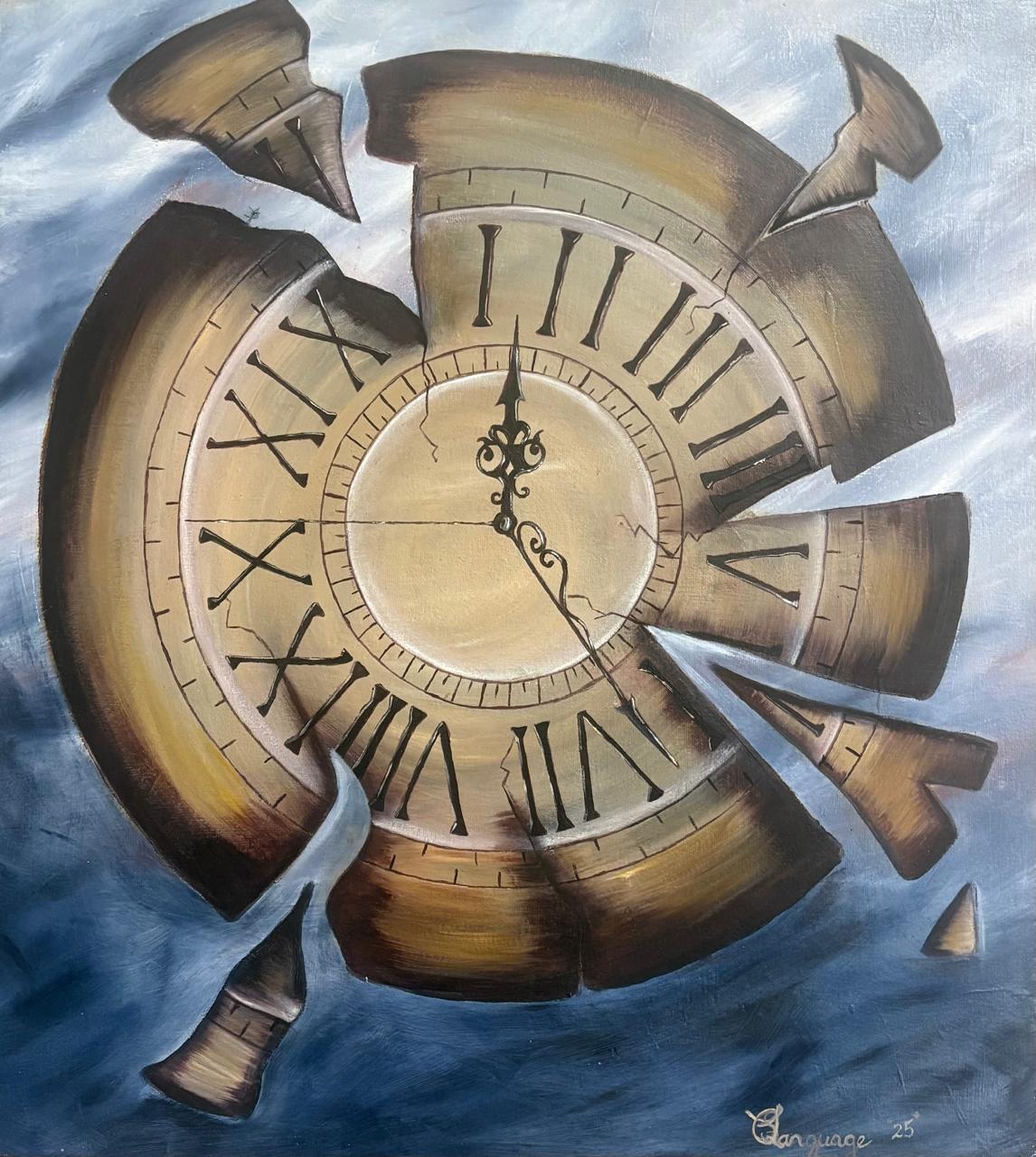 Broken Time by Candice Samantha Language featuring a broken clock with Roman numerals on a swirling blue-grey background