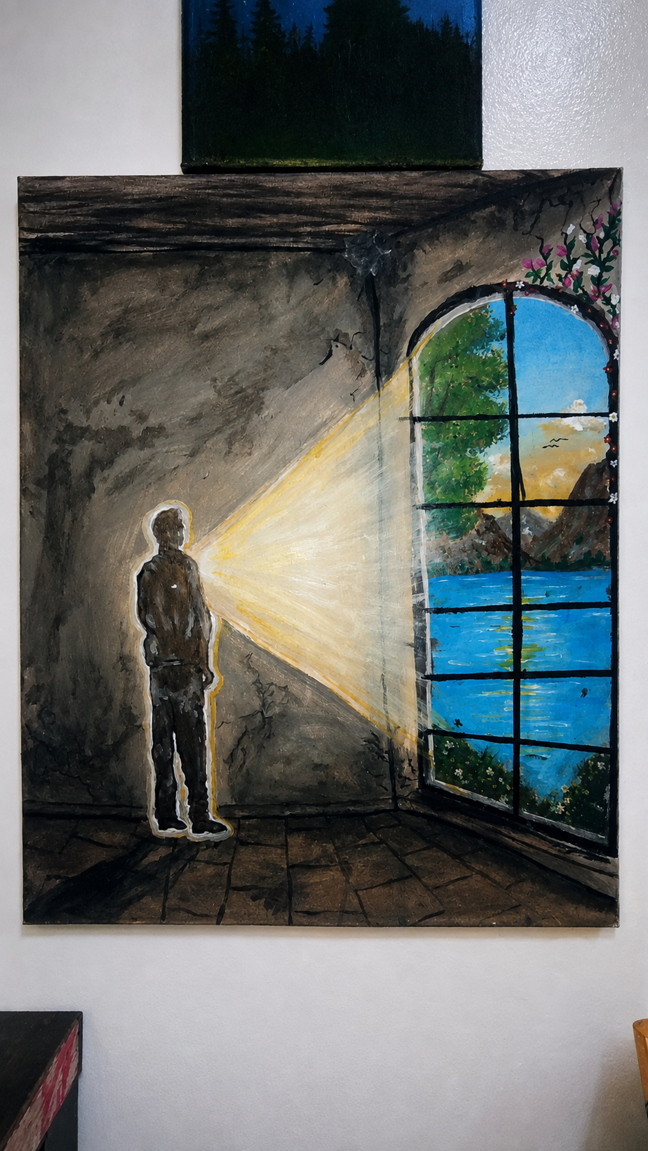 The promise of tomorrow by Umaima Ghazi, vibrant landscape through an arched window