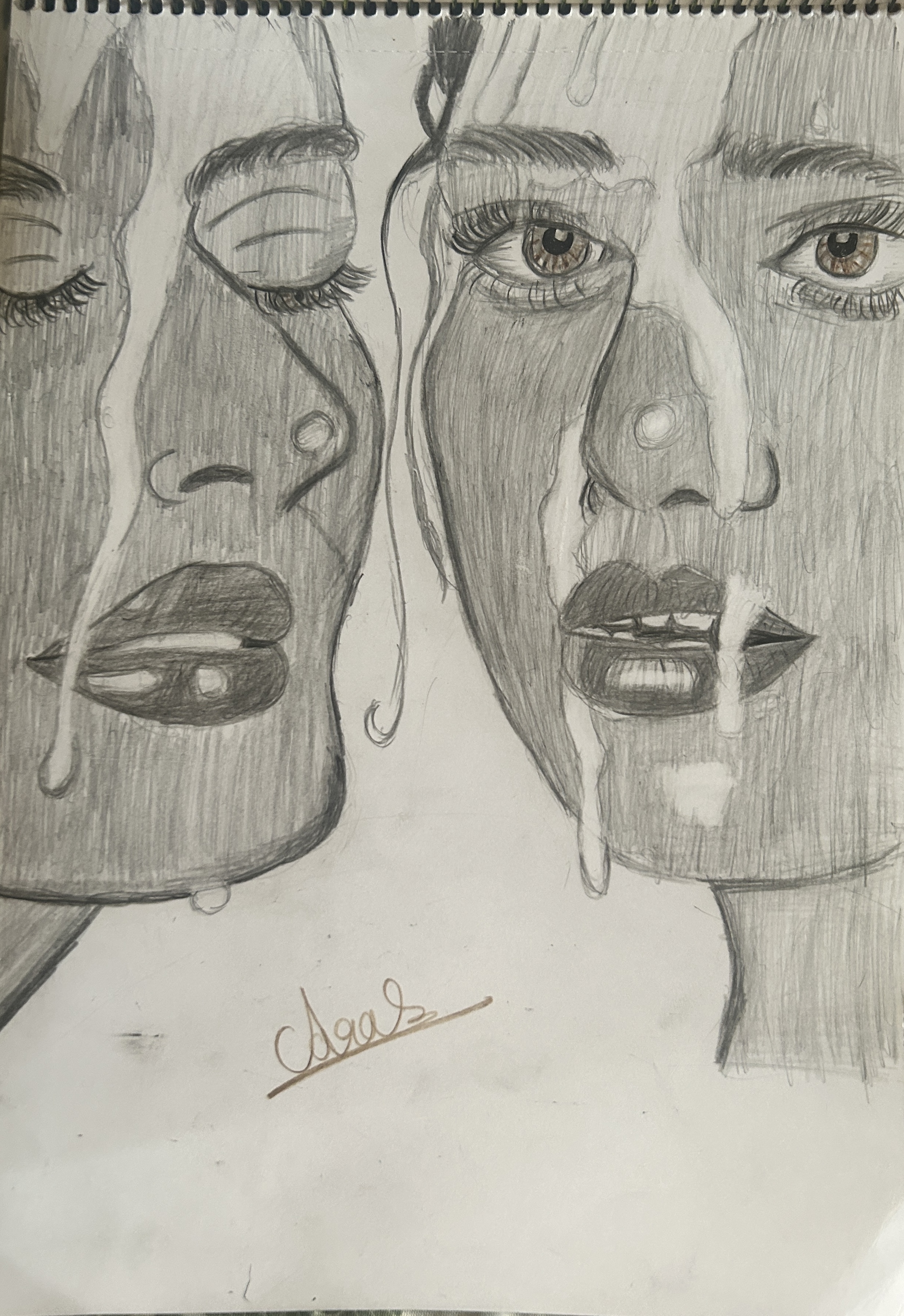 Emotions in Contrast by Aarav G Palasseri - two faces joined by flowing water in pencil drawing