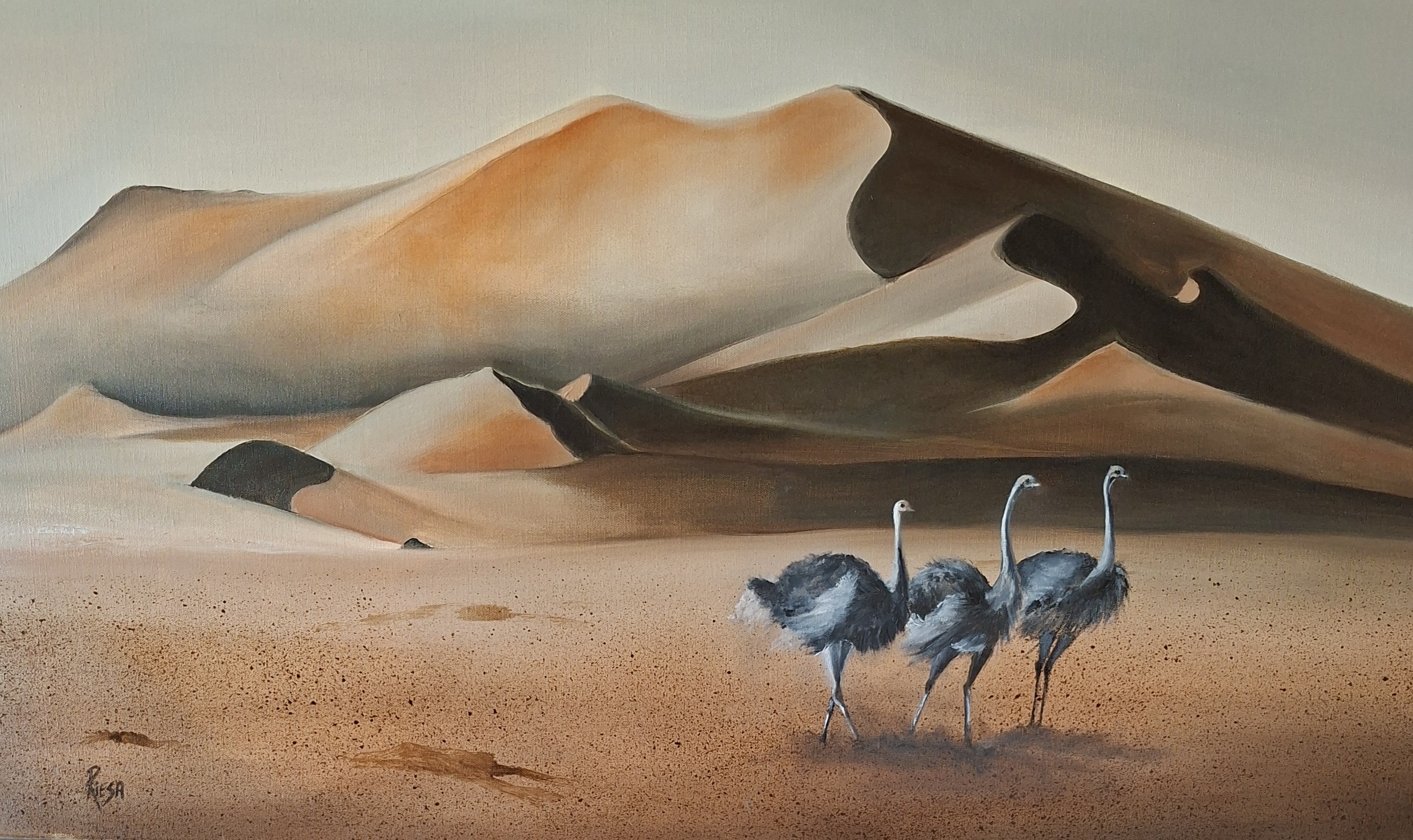 Secret of the Dunes by Riesa Maree - ostriches crossing desert dunes
