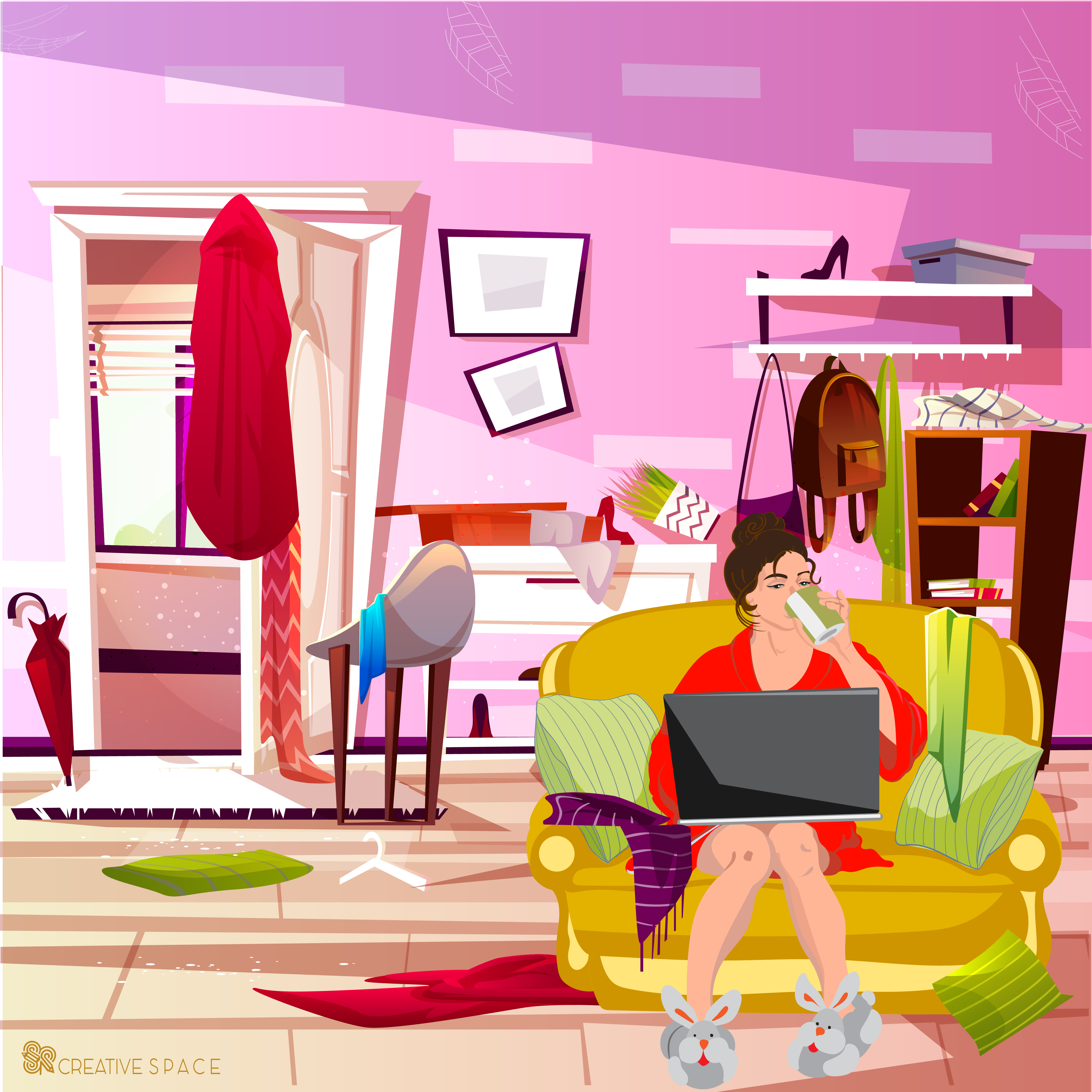 Work From Home by Sathya Subhavi Ravindra, person on yellow couch working on laptop