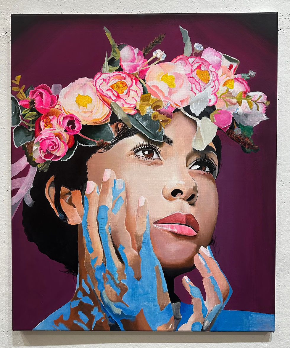 Caption Of Artwork: In this painting of Kyrstle Ramzy it can be seen that nature has its own crystals. With a crown of flowers, it shows beauty can be made from nature alone. With paint splatter on her body emphasizes the idea that we don't need jewelry or clothes to obtain the stunning colors of life.