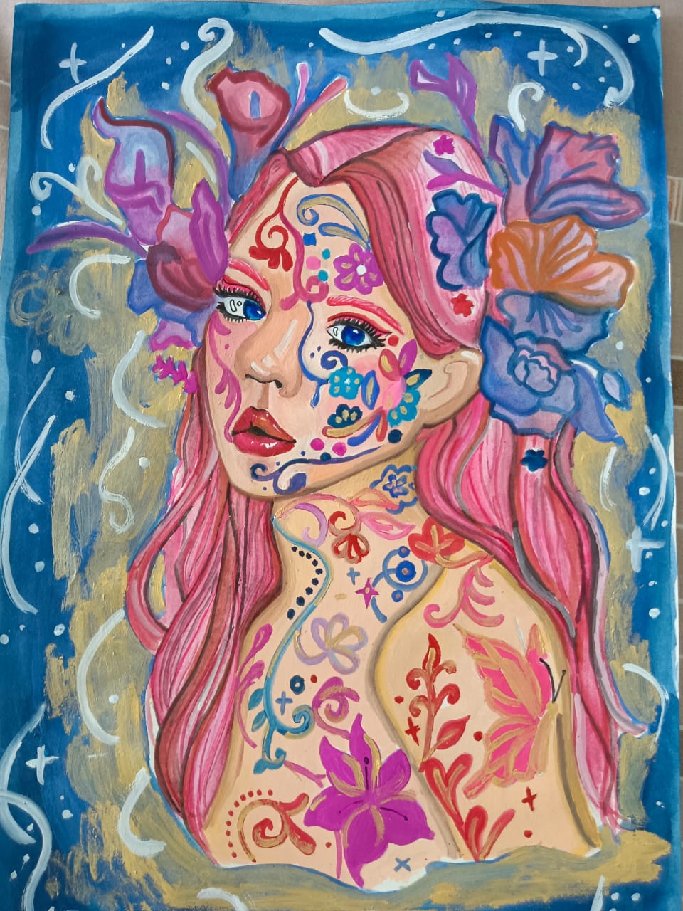 Beautiful lady with a tattoo by Vanessa Yeoh, a woman with pink hair and floral tattoos