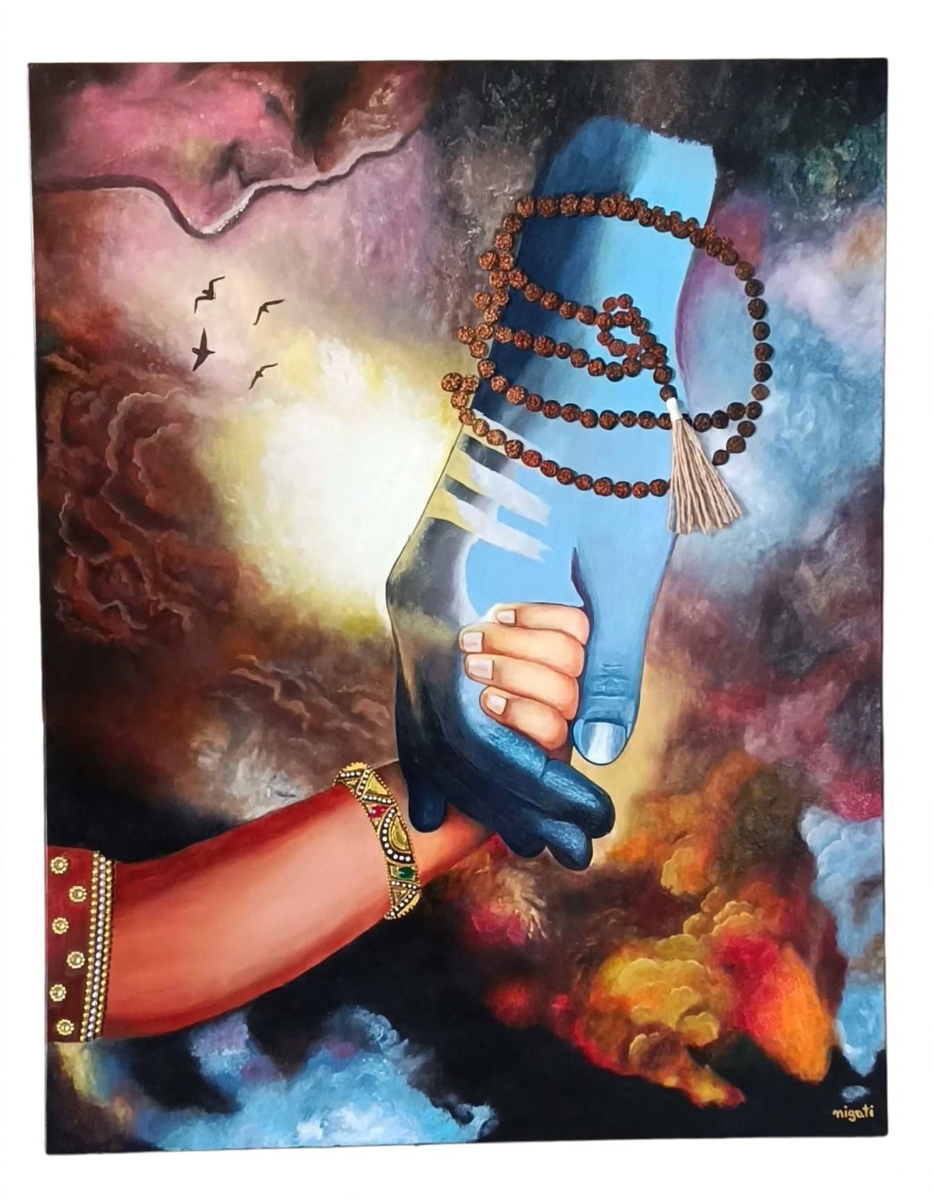 The Divine Bond by Niyati Mittal, depicting clasped hands of Shiva and devotee