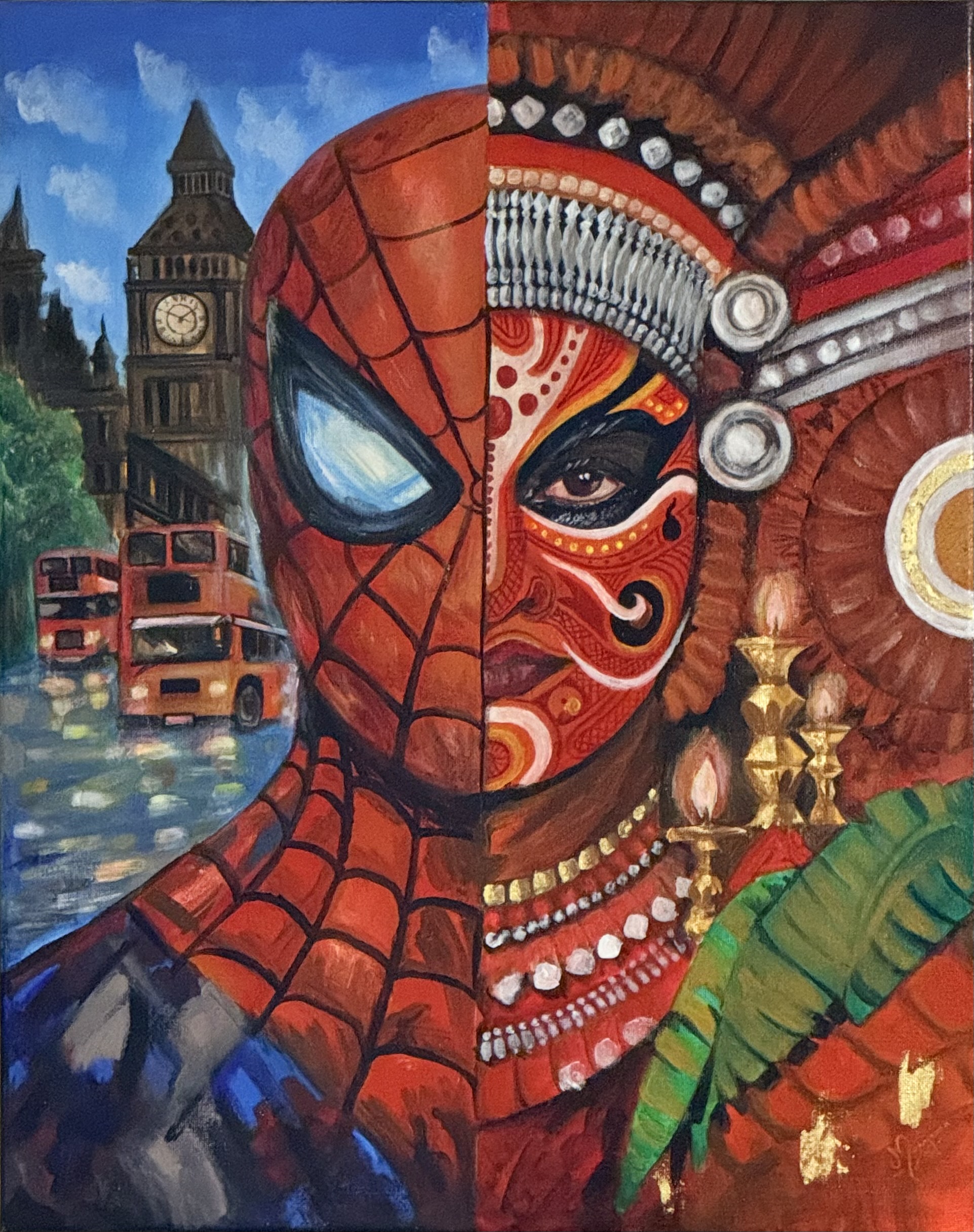 Identity Spliced: The Hero and the Ritual by Manjima Anilkumar, featuring a split canvas with Spider-Man mask and London street