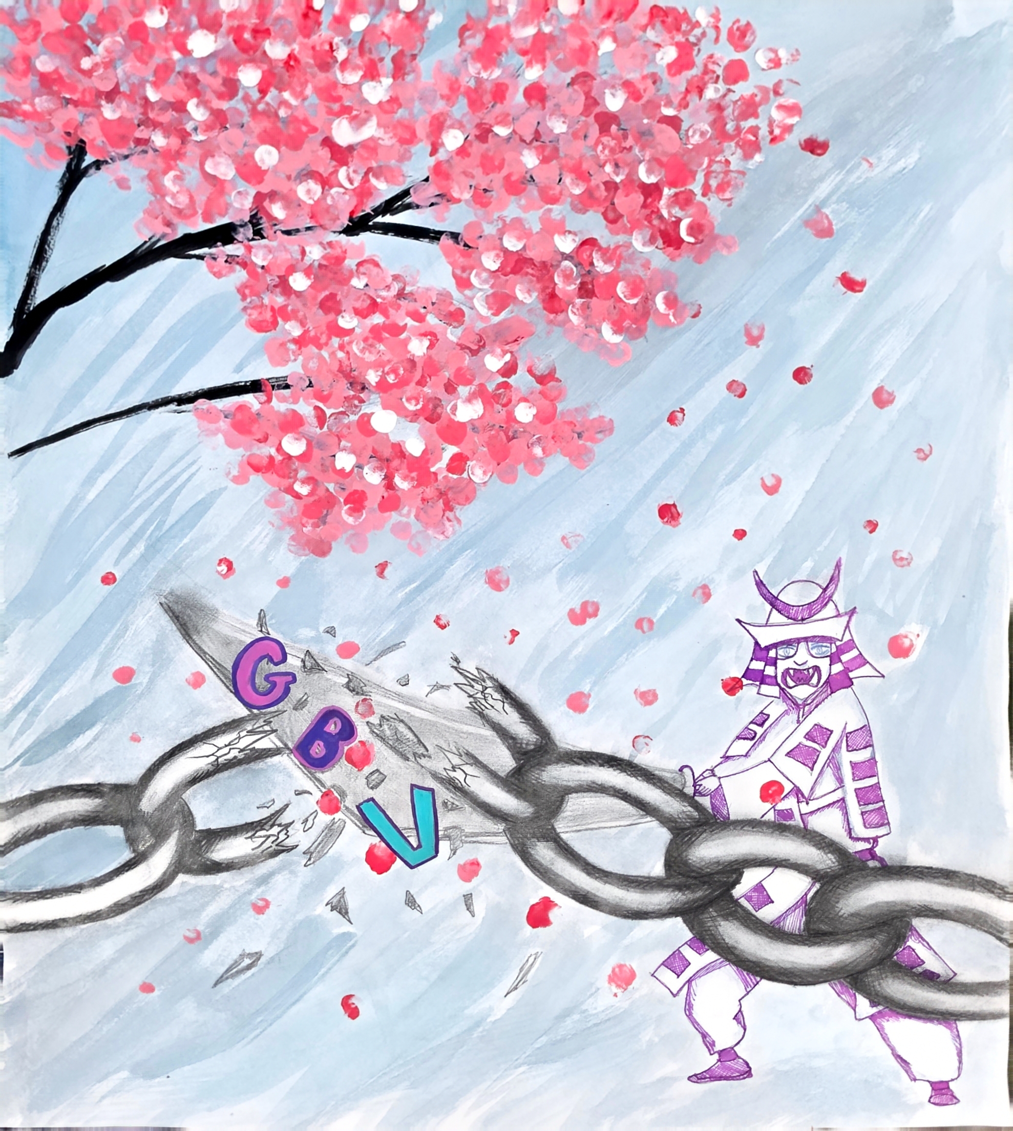 Breaking the Chains of Gender Based Violence by Shristhi Bodalia featuring a tree with pink blossoms and dynamic sky