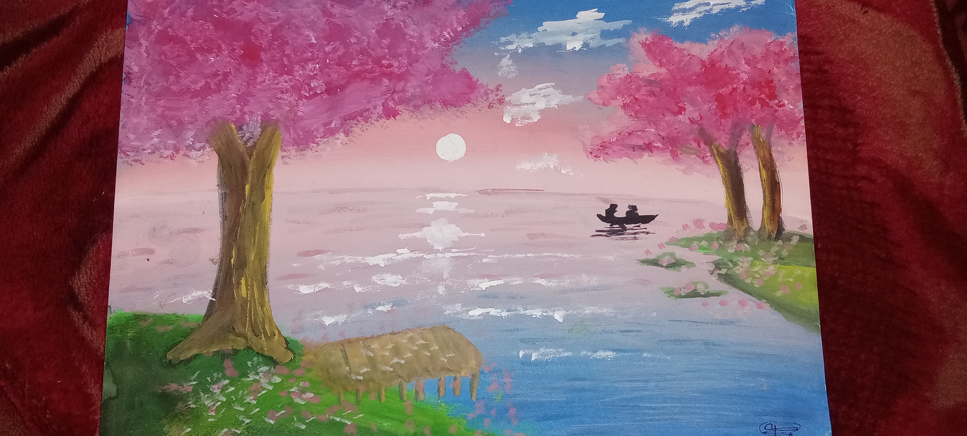 Paintings by Tanuj Rajesh Naik, a serene landscape with pink blossoms