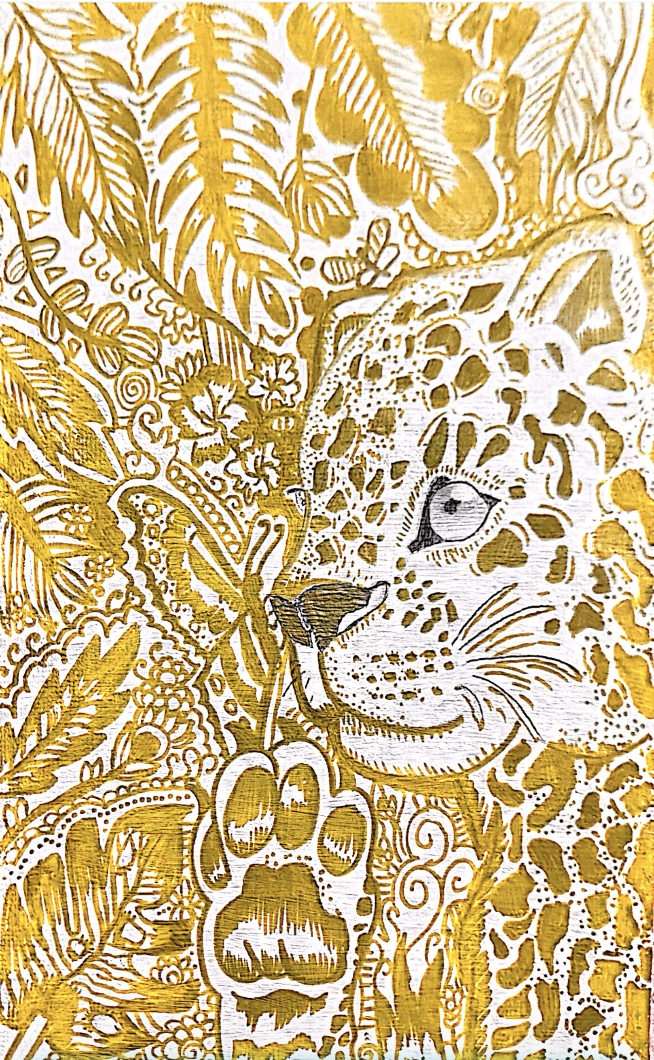 Majesty in Gold by Ramesh Swastika, featuring a leopard with floral patterns