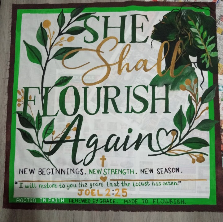 "She Shall Flourish" by Miss Courtney Celena Munsamy, elegant text with leafy branches