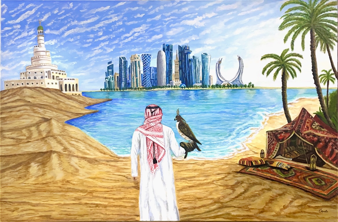 Where Memory Meets the Horizon by Jamela Ali Mohammed Lasharpoor, figure in traditional attire with falcon against urban skyline