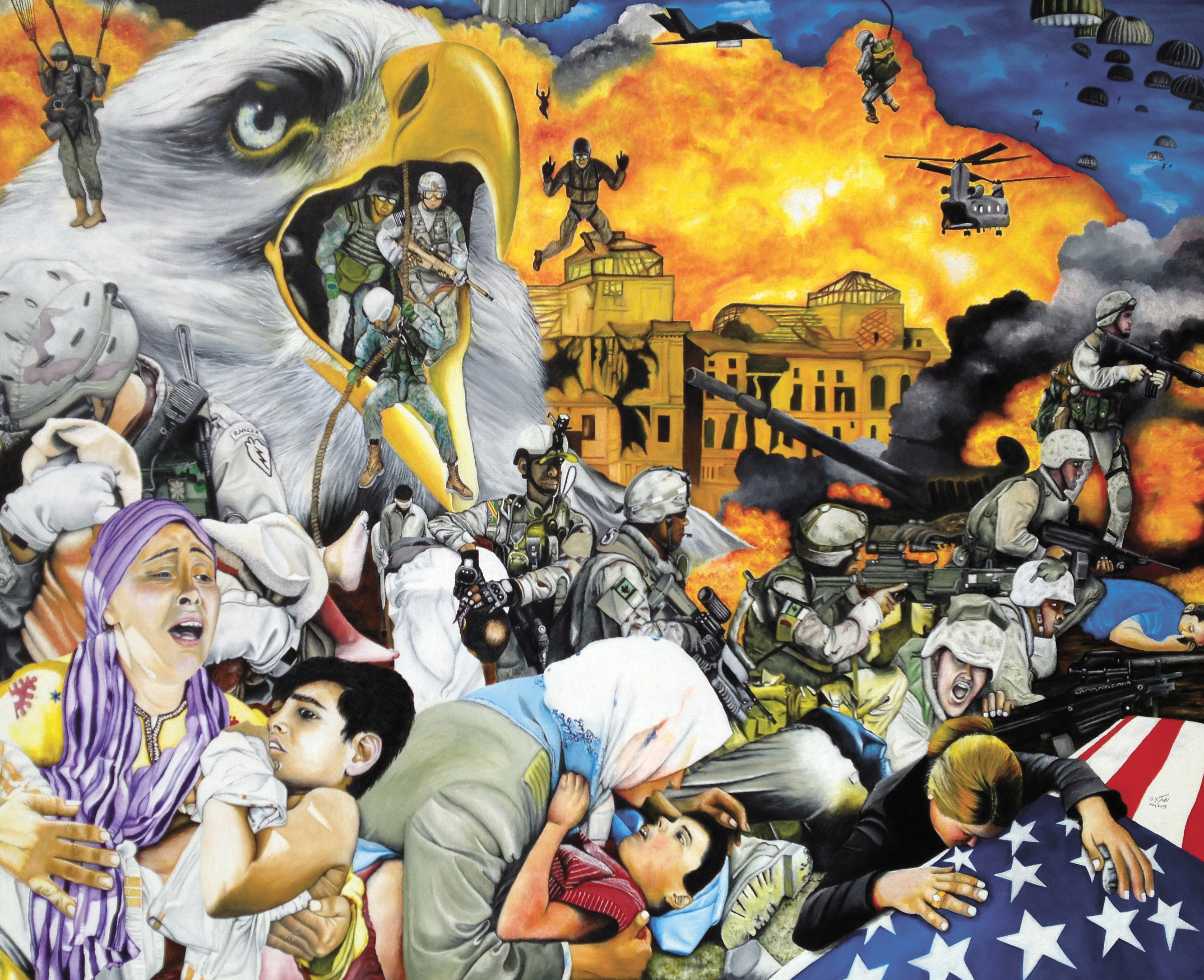 The Eagle has Landed by O Yemi Tubi, depicting a war scene with an eagle and soldiers