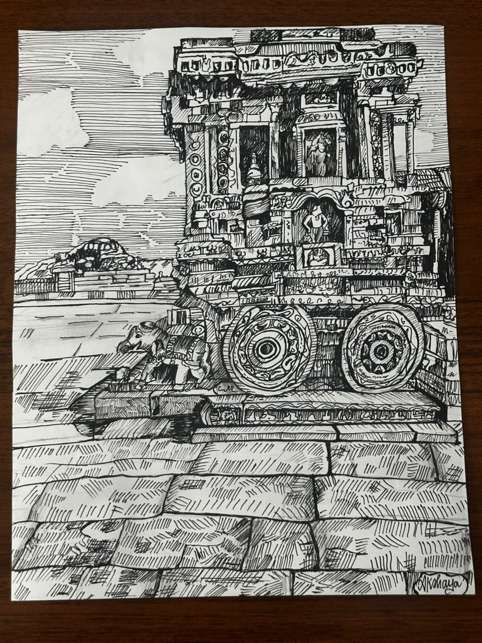The Stone Chariot by Akshaya Sasikumar, detailed pen and ink drawing