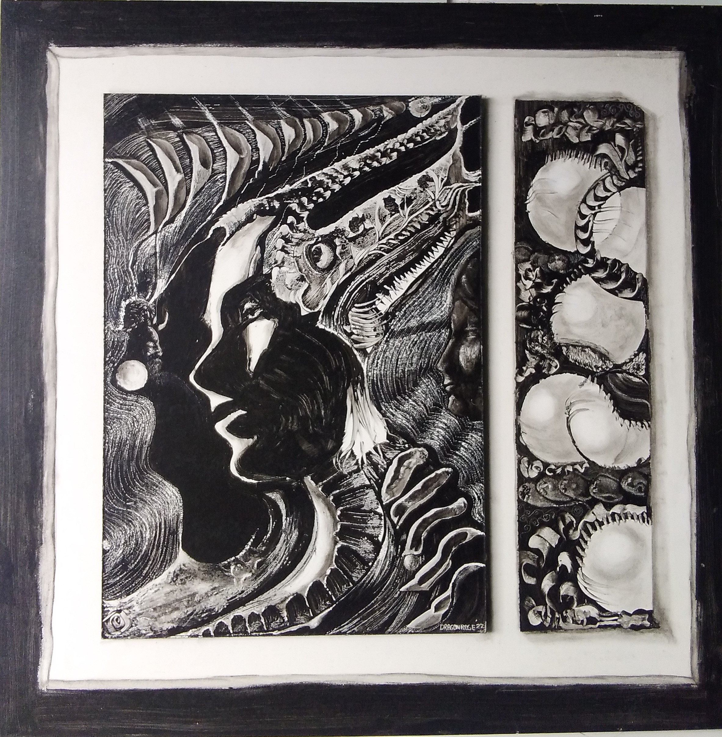 Reflections by Sharon DragonRose, black-and-white panels with swirling patterns