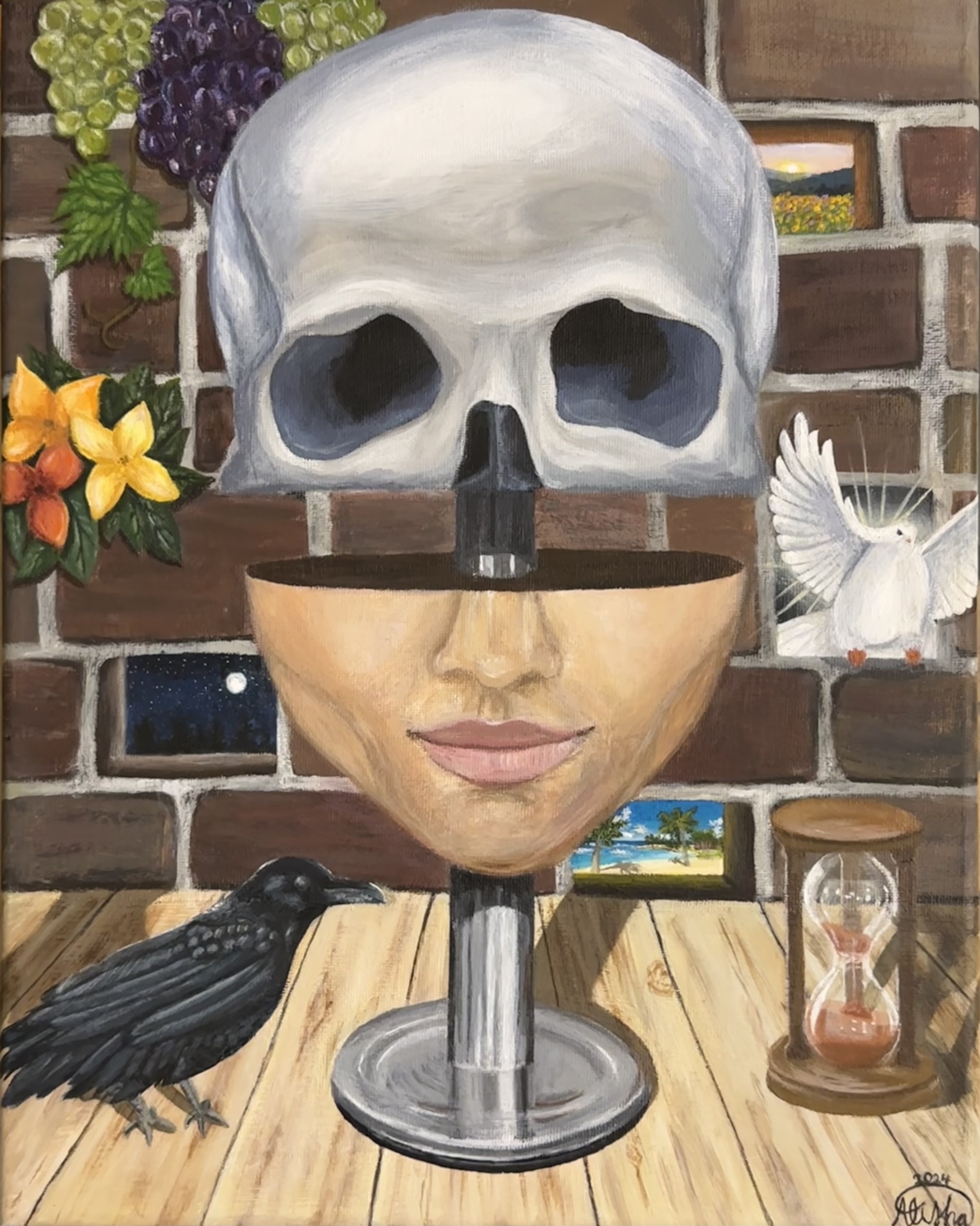 Dead Eyes by Alisha Joseph - skull and human face sculpture on brick background