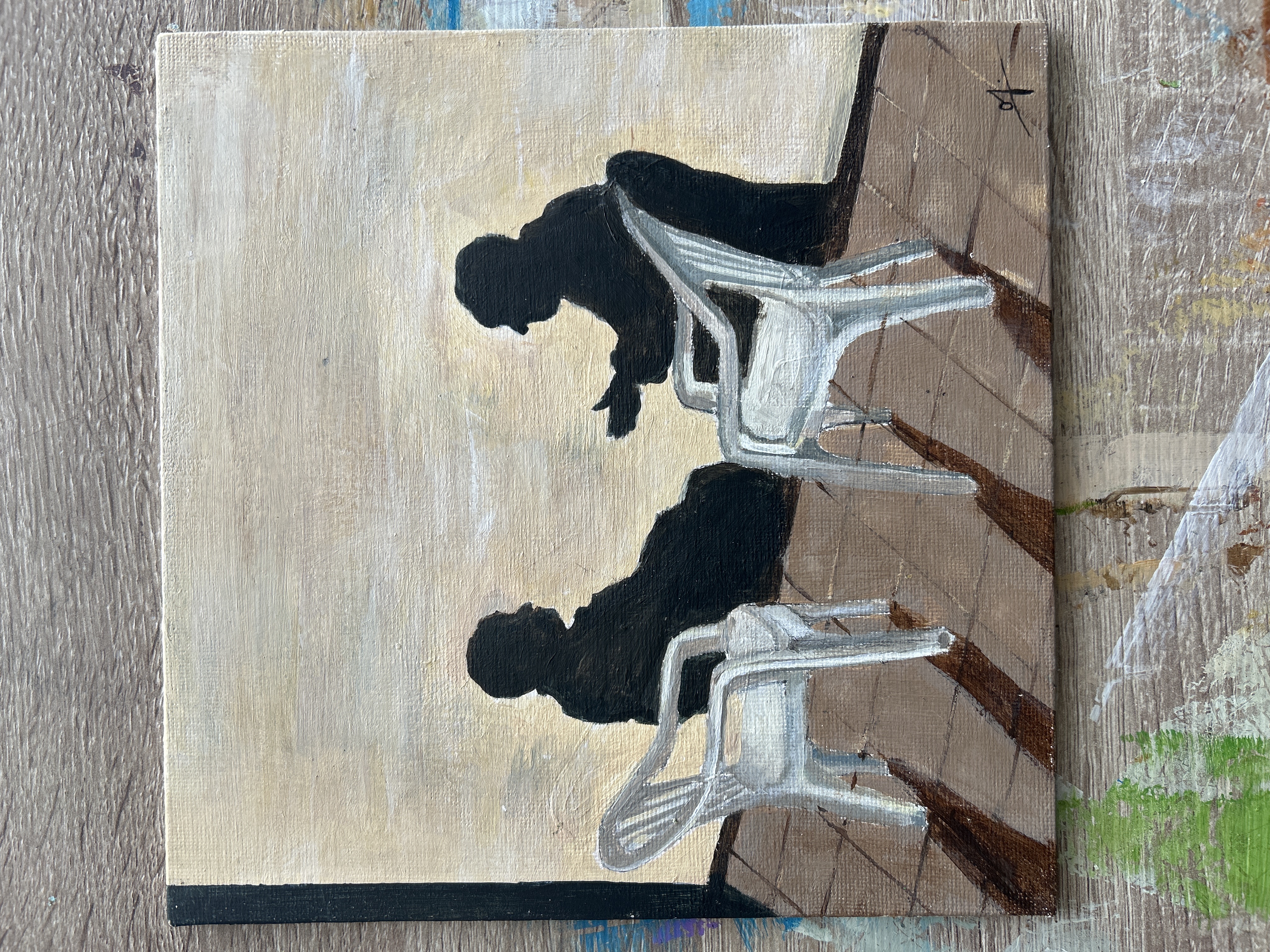 Nostalgia painting no1. Afternoon tea with the grandfathers by Tashijana Velloo, featuring silhouetted figures and neutral background