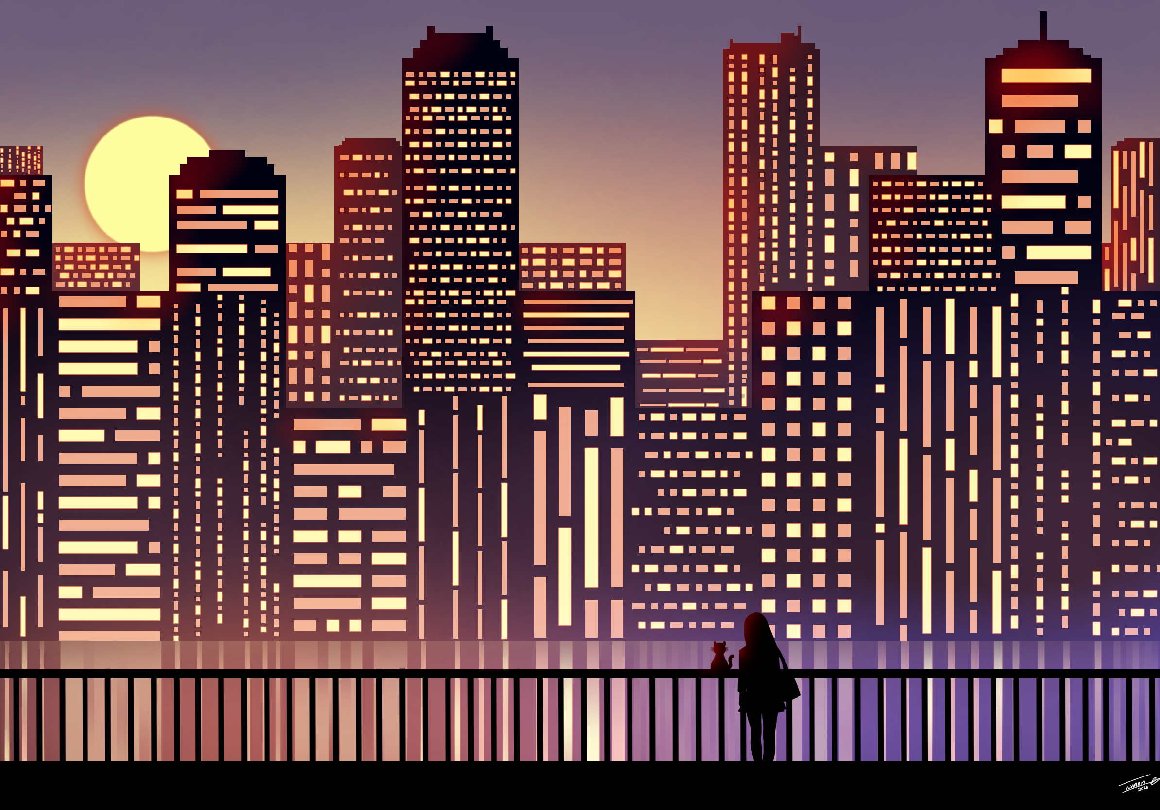 Lost in the citys sunset by Ilhaam Ismail - cityscape with silhouetted girl and cat at sunset
