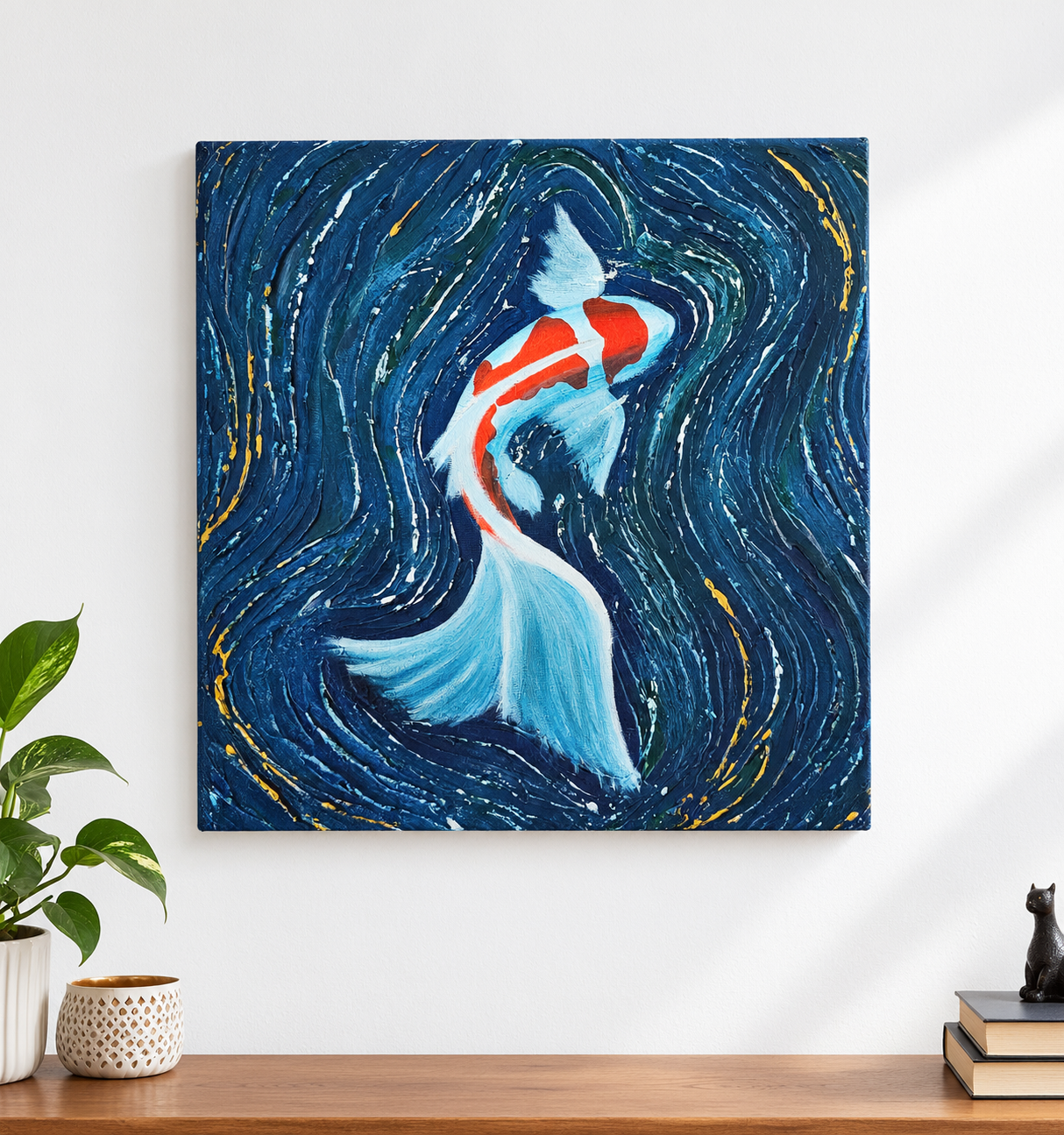 Koi art by Hasna Musawvir featuring a vibrant koi fish in swirling blues