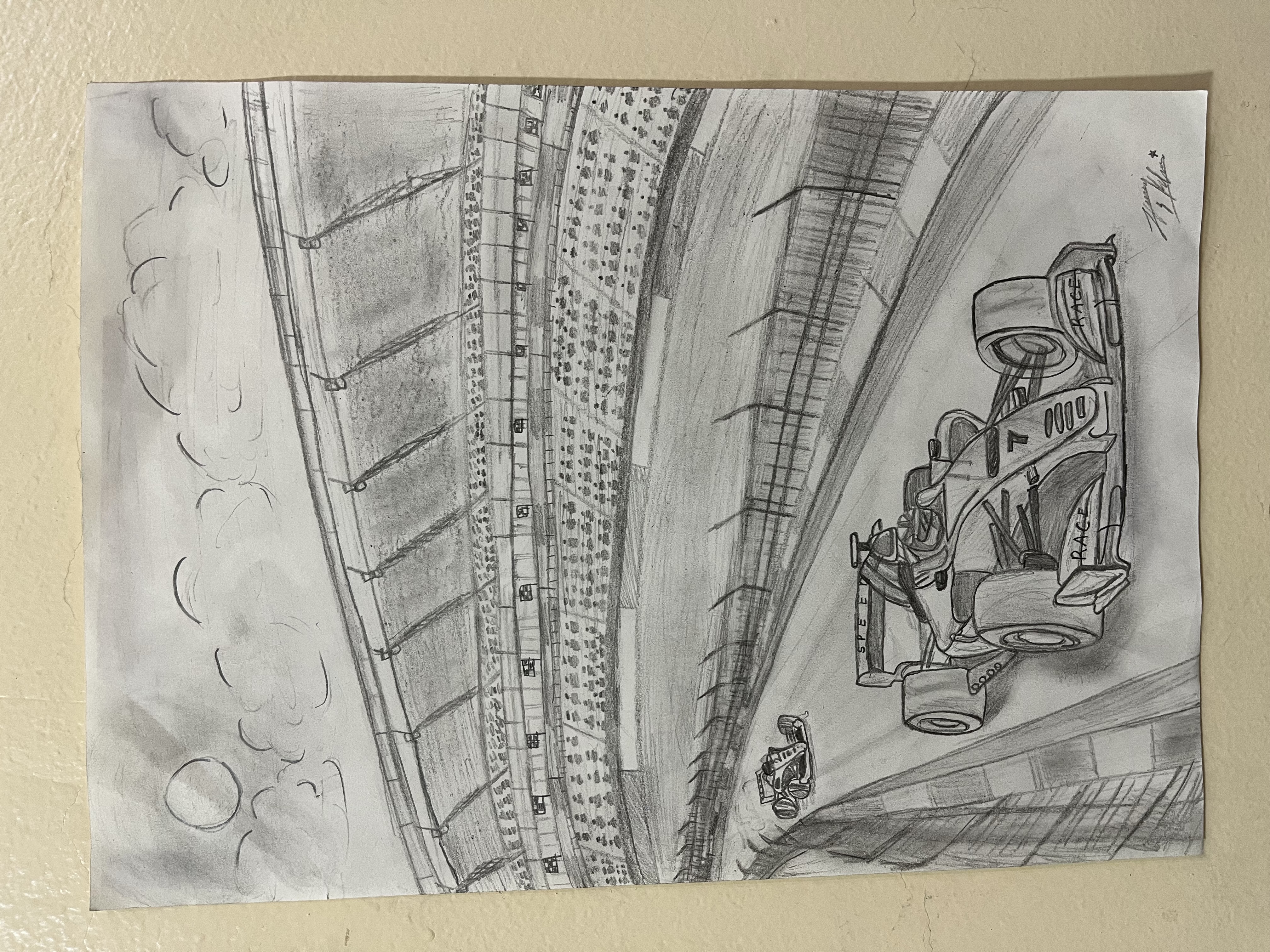 The edge of victory by Humna Sandaleen Khan, pencil drawing of a racing scene