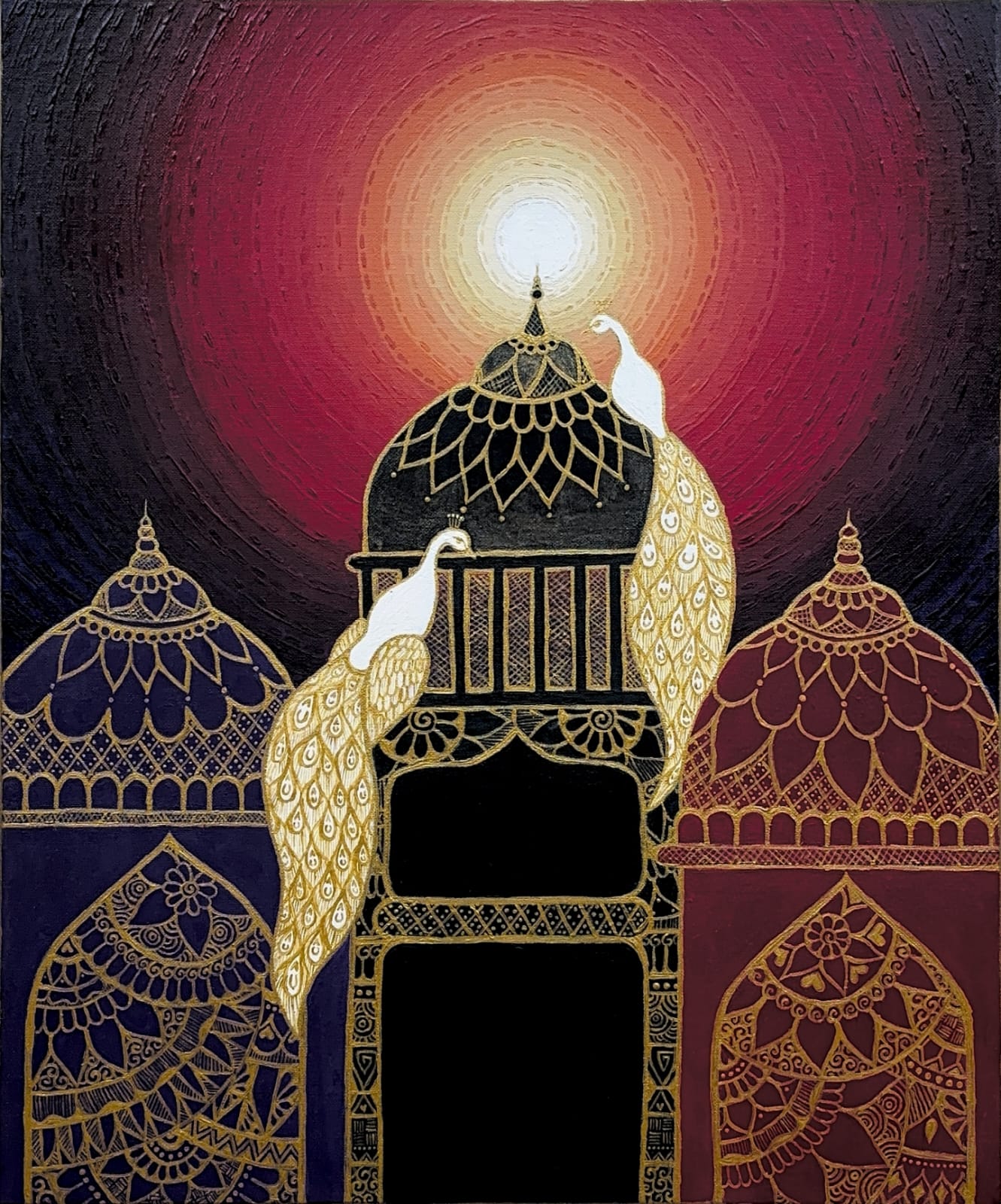 Peacock Palace of Gold by Akanksha Mahapatra - ornate peacocks in grand setting