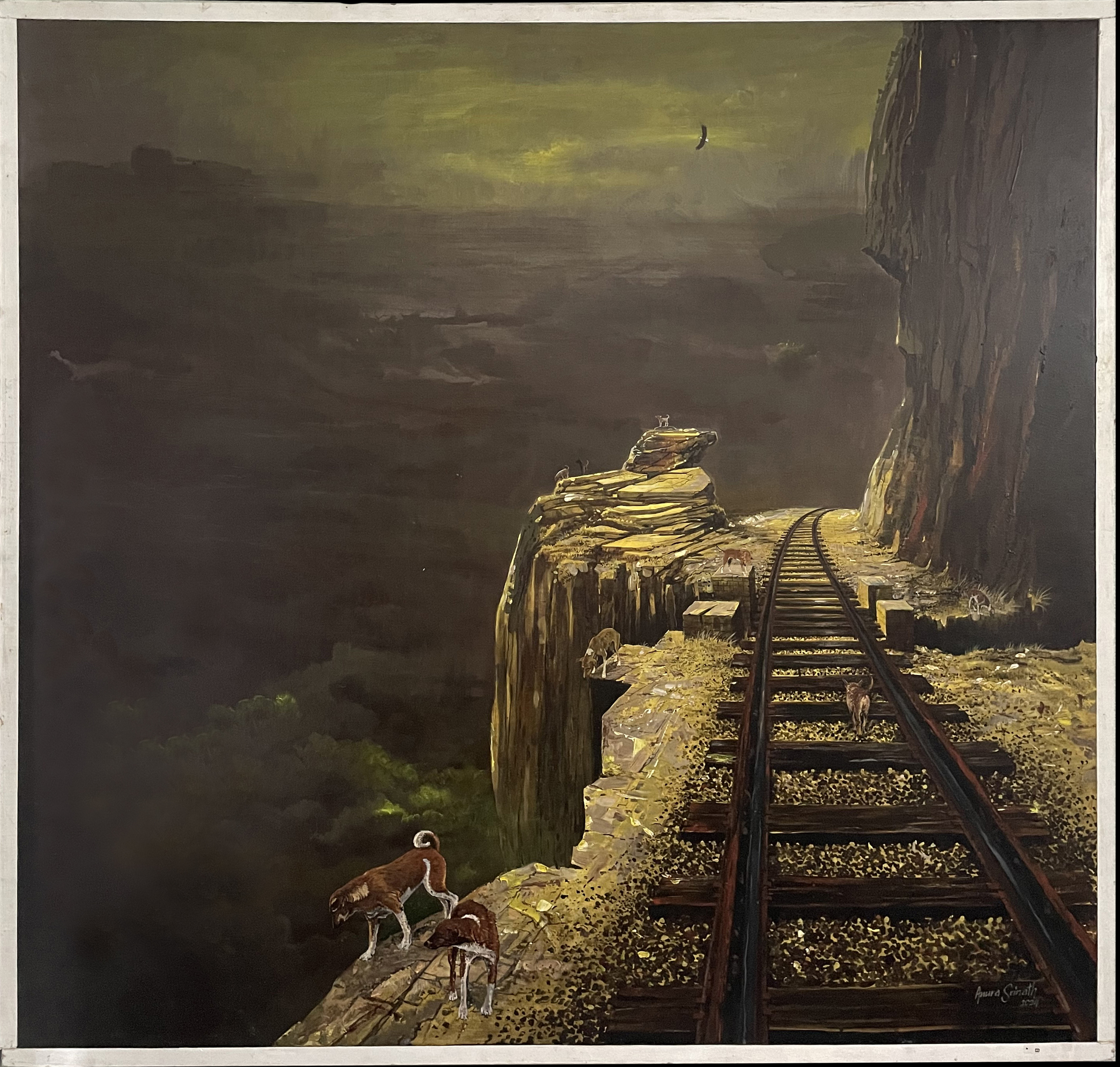 Kadugannawa by Anura Srinath Malaviarachchi, moonlit landscape with railway track