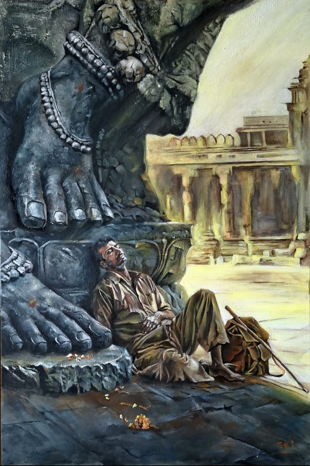 Power that Protects by Sriparna Ghose featuring a man reclining against a statue's foot