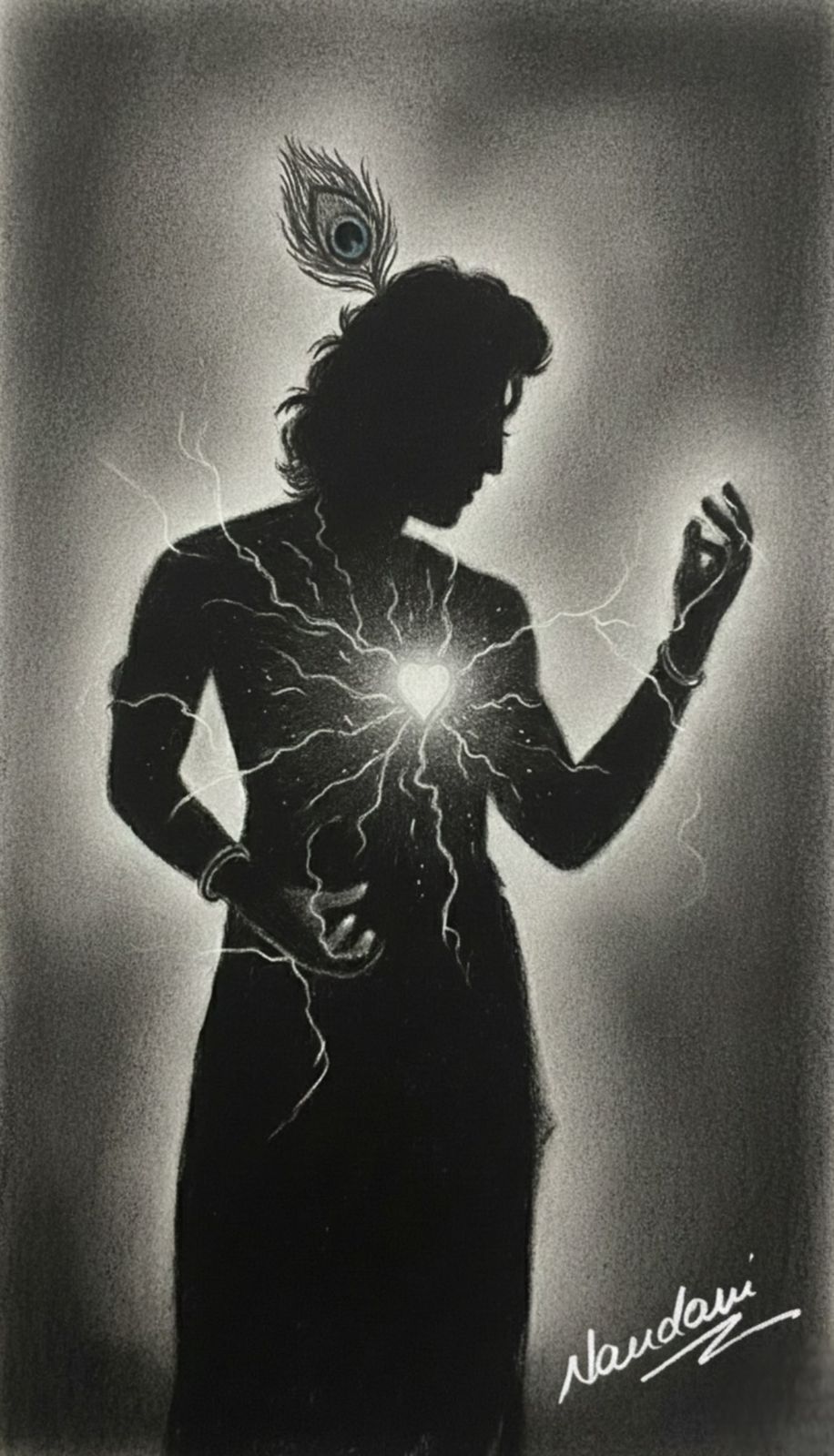 Charcoal Sketch by Nandani Bhargava, silhouetted figure with peacock feather