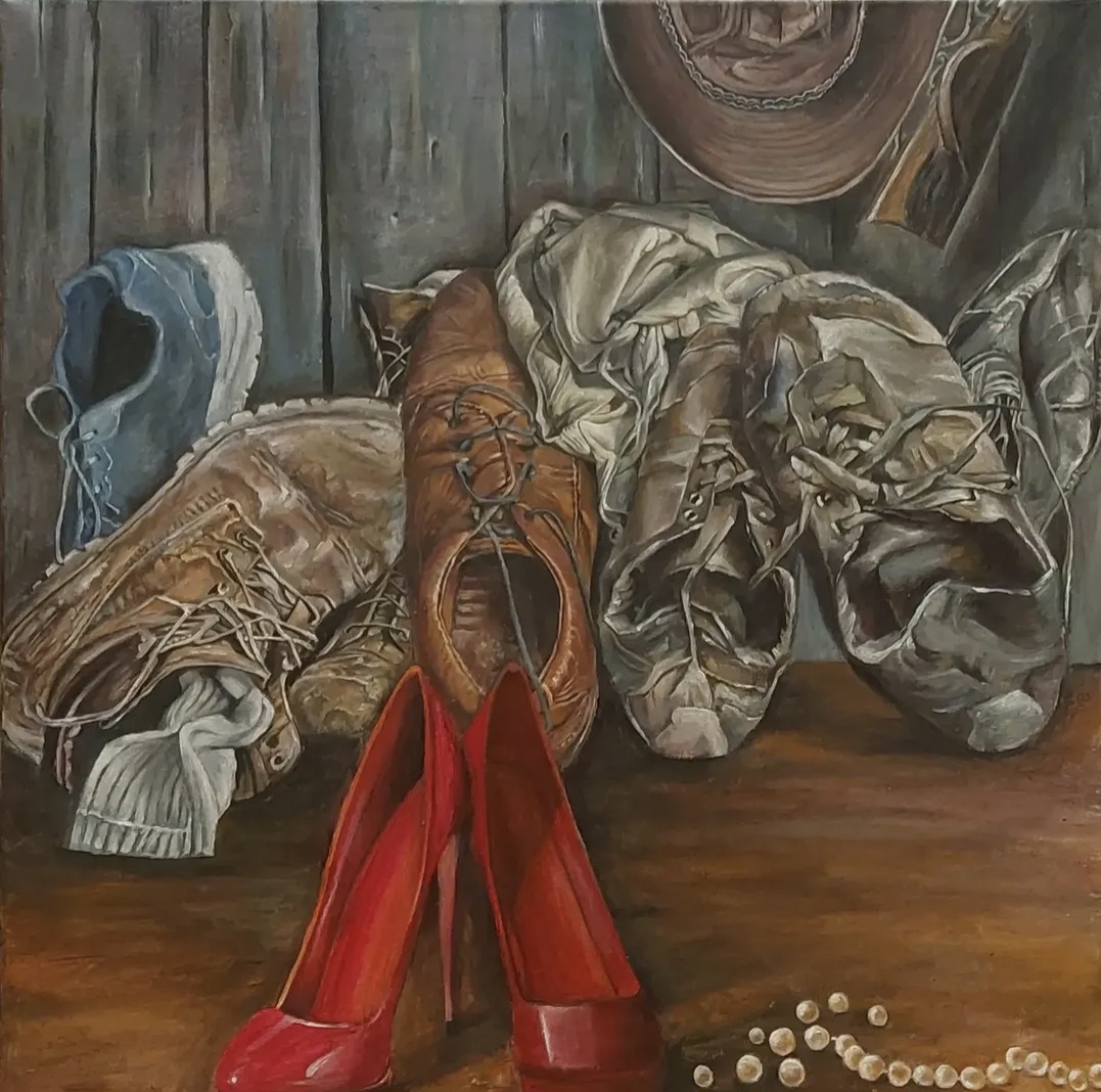 Missfit by Sriparna Ghose, contrasting red heels and rugged shoes on wood