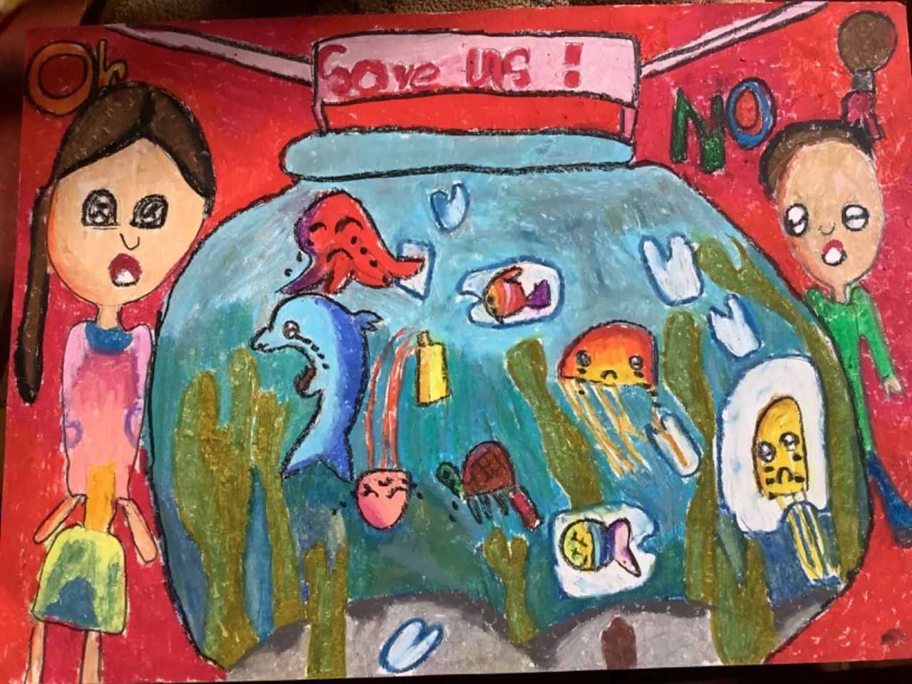 Marine Life in Danger by Yasithma Amadoru - aquarium-like setting with marine creatures and trash