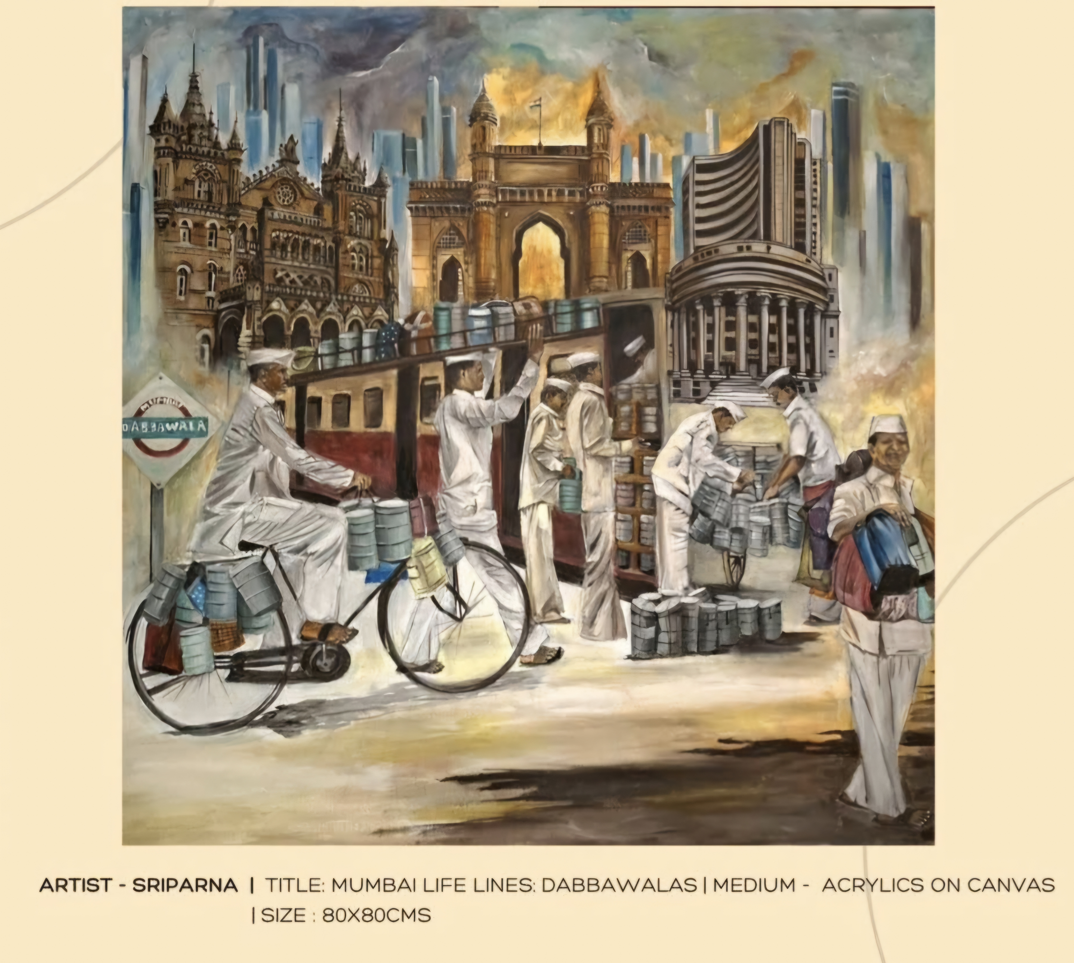 Mumbai Lifeline by Sriparna Ghose, vibrant urban scene with dabbawalas