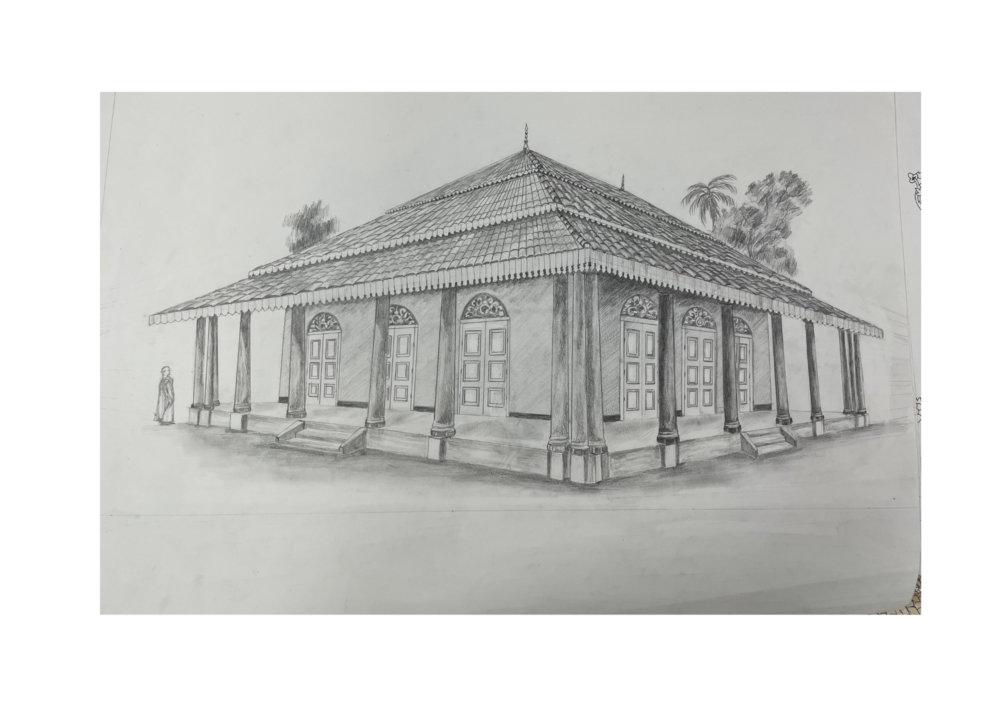 sri subodharamaya raja maha viharaya preaching hall by Vinomi Perera, pencil sketch of symmetrical building